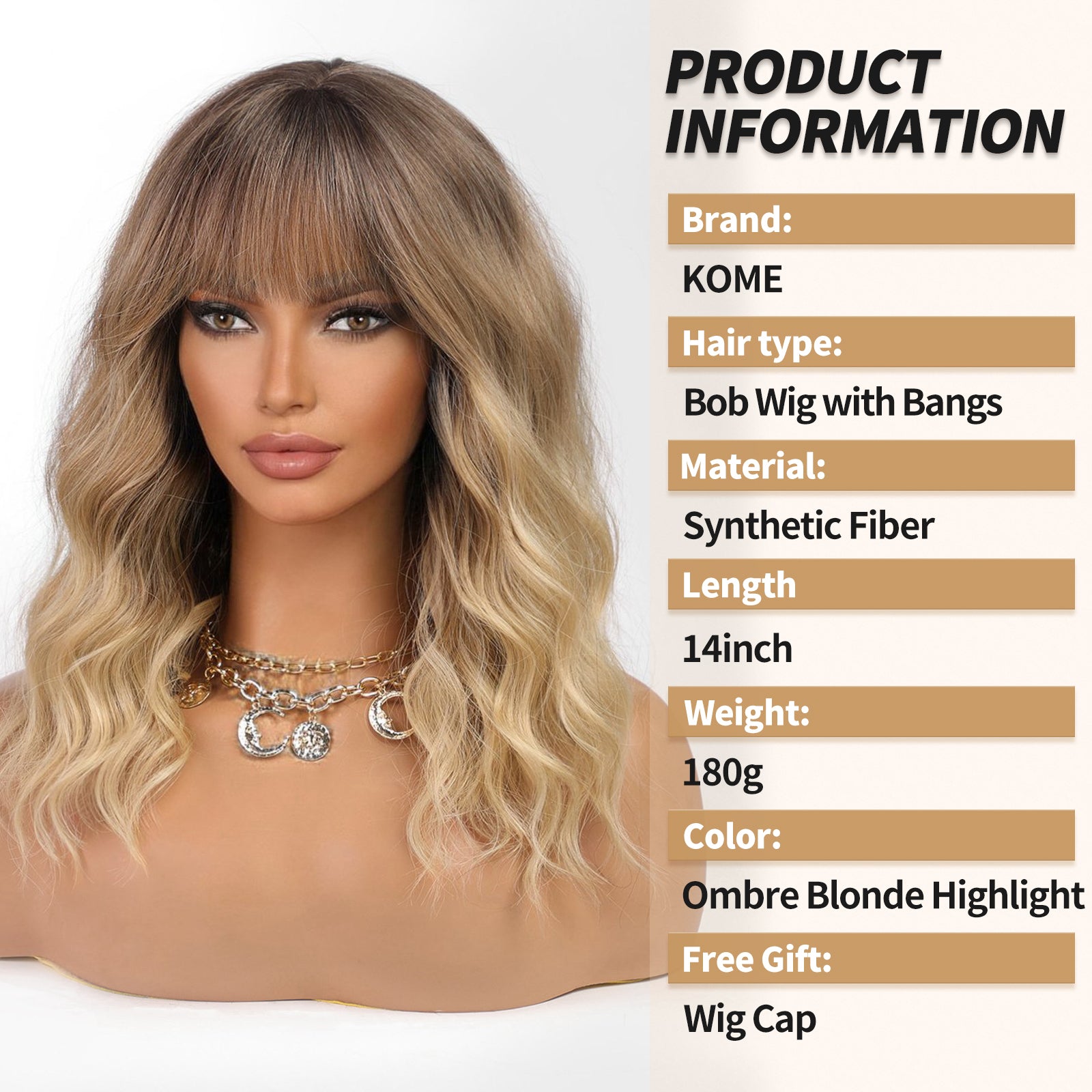 KOME Curly Bob Wig with Bangs Short Wavy Ombre Blonde Highlight Wigs for Women Lob Haircut Synthetic Heat Resistant Bob Wigs 14IN