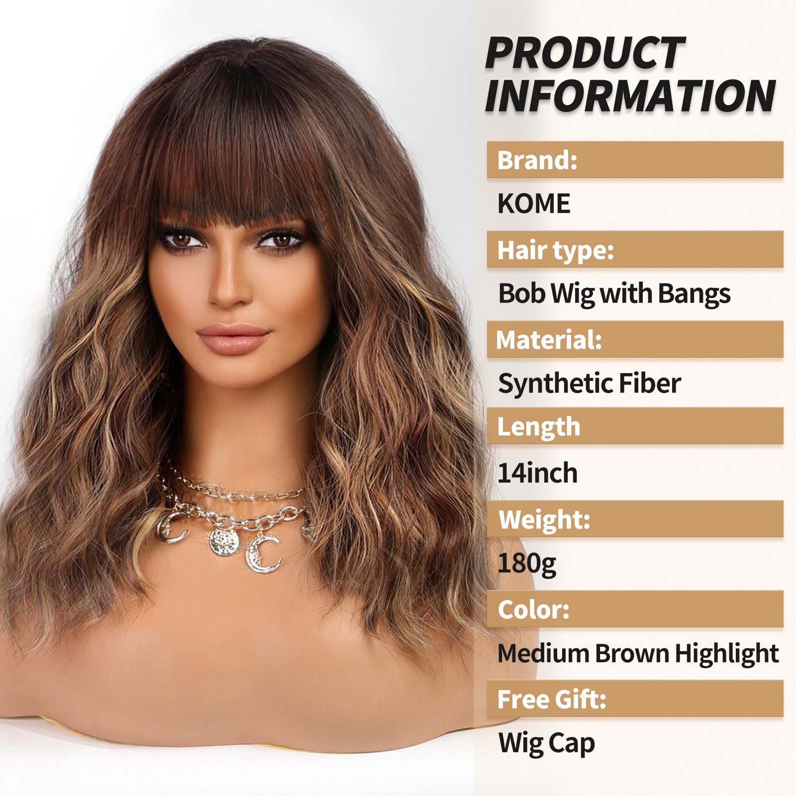 KOME Brown Curly Bob Wig with Bangs Short Wavy Brown Highlight Wigs for Women Lob Haircut Synthetic Heat Resistant Bob Wigs 14IN