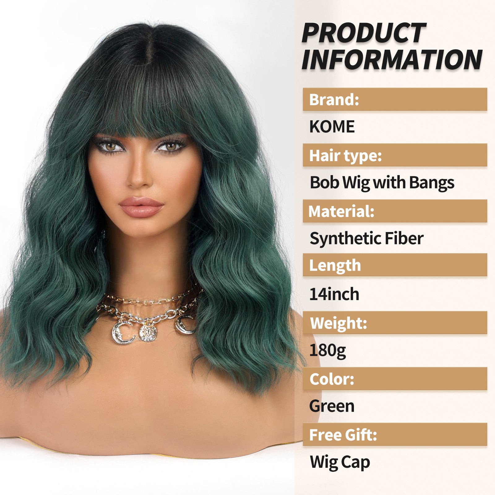 KOME Green Curly Bob Wig with Bangs Short Wavy Ombre Green Wigs for Women Lob Haircut Synthetic Heat Resistant Bob Wigs 14IN