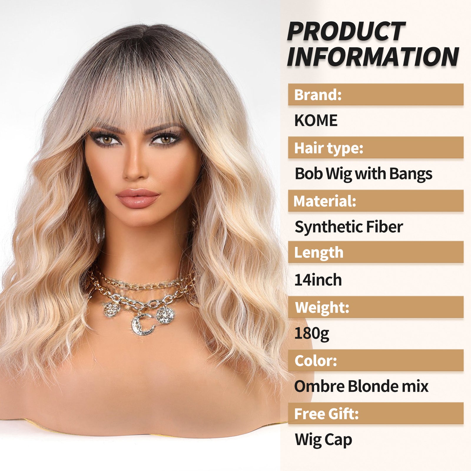 KOME Curly Bob Wig with Bangs Short Wavy Ombre Blonde Wigs for Women Lob Haircut Synthetic Heat Resistant Bob Wigs 14IN