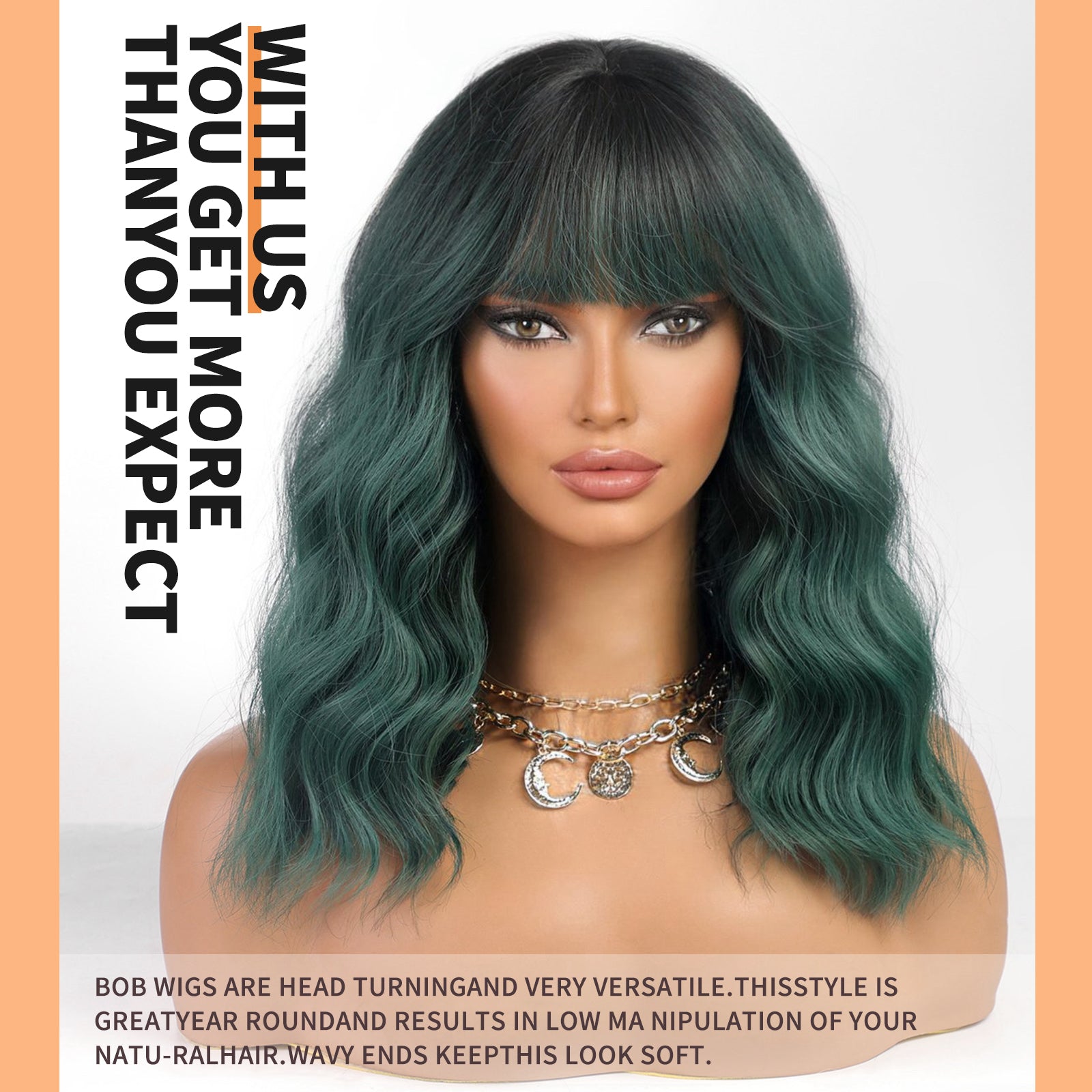 KOME Green Curly Bob Wig with Bangs Short Wavy Ombre Green Wigs for Women Lob Haircut Synthetic Heat Resistant Bob Wigs 14IN