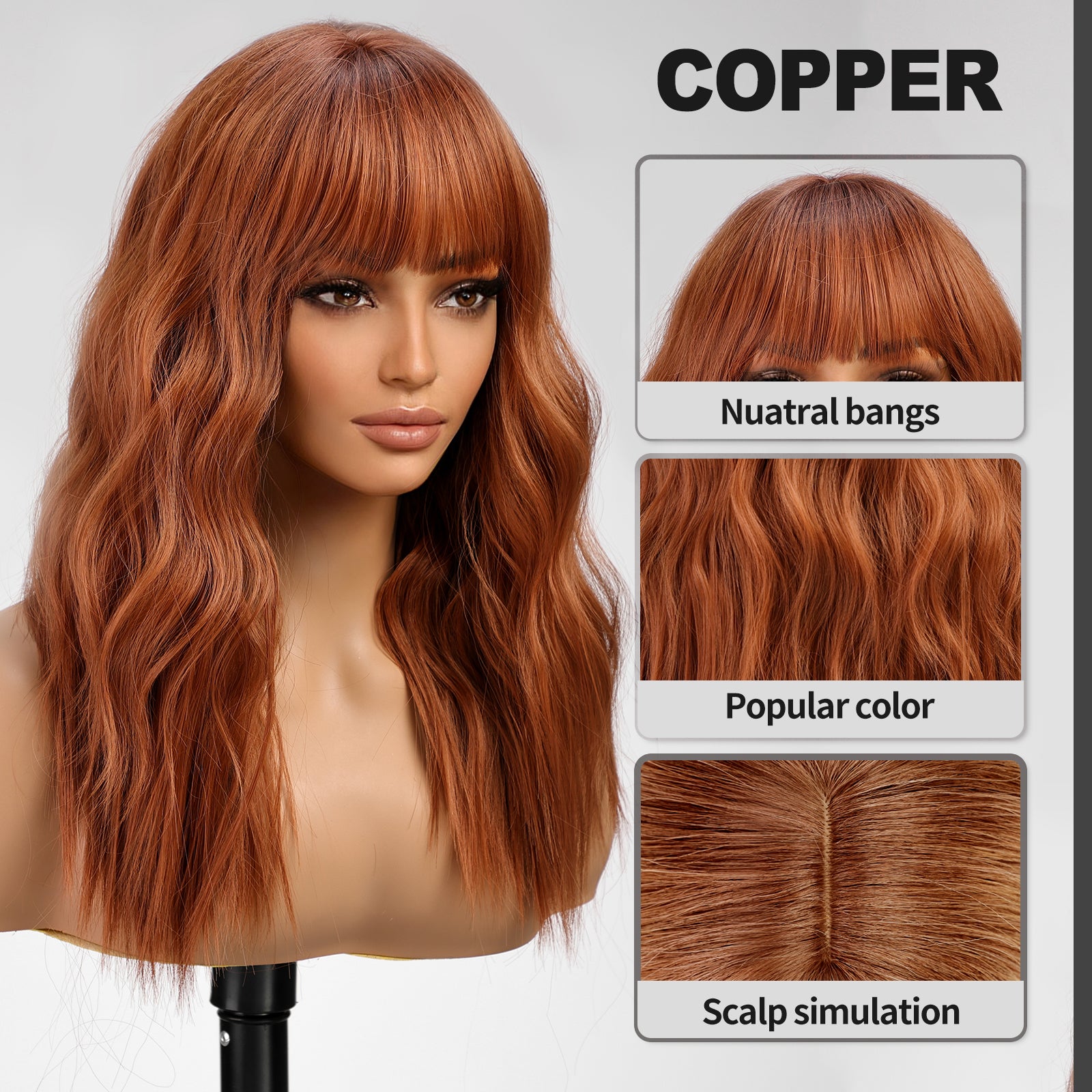 KOME Orange Wig with Bangs,Ginger Wavy Wigs for Women,Copper Shoulder Length Curly Synthetic Hair Wig for Party Daily Use 18IN