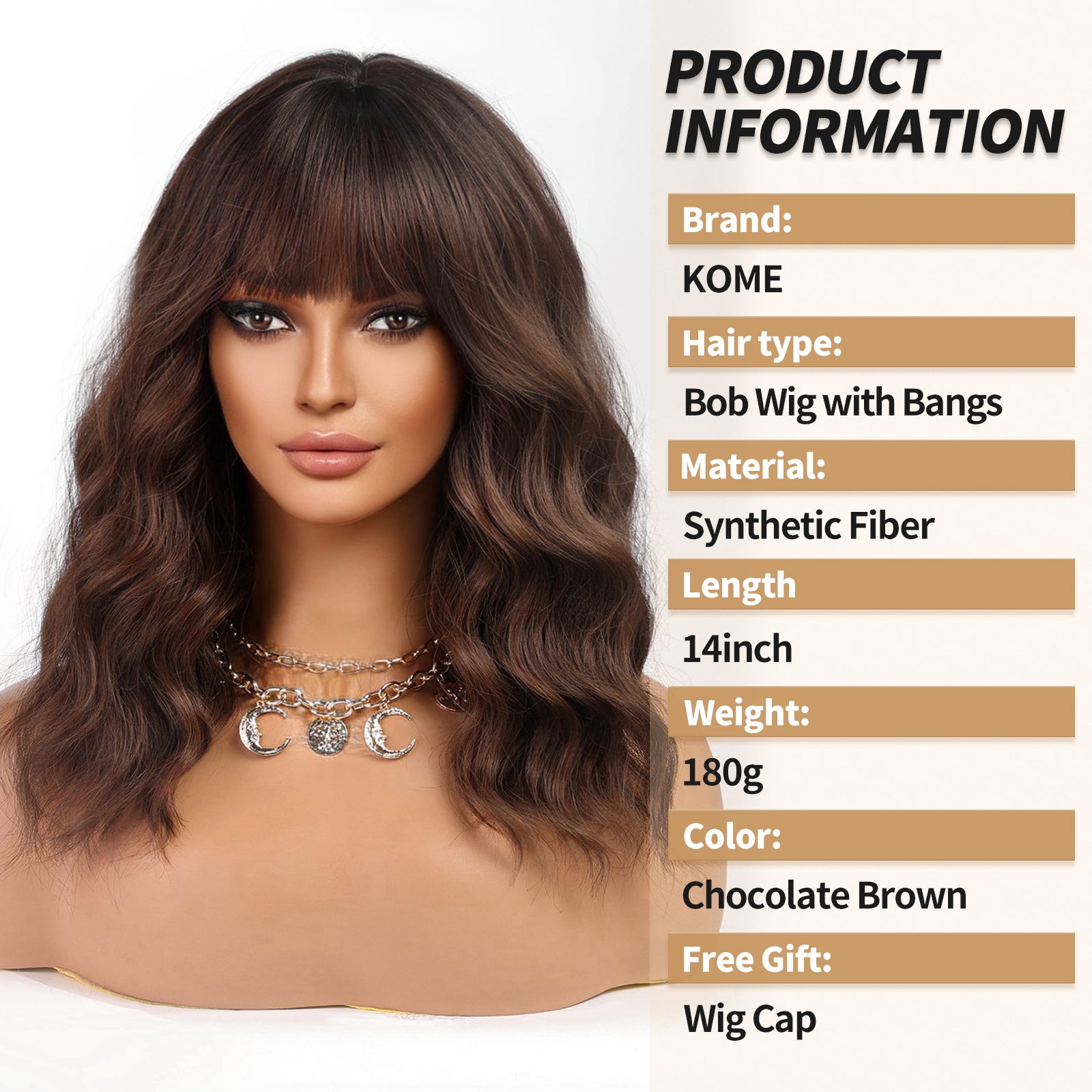 KOME Brown Curly Bob Wig with Bangs Short Wavy Natural Brown Wigs for Women Lob Haircut Synthetic Heat Resistant Bob Wigs 14IN