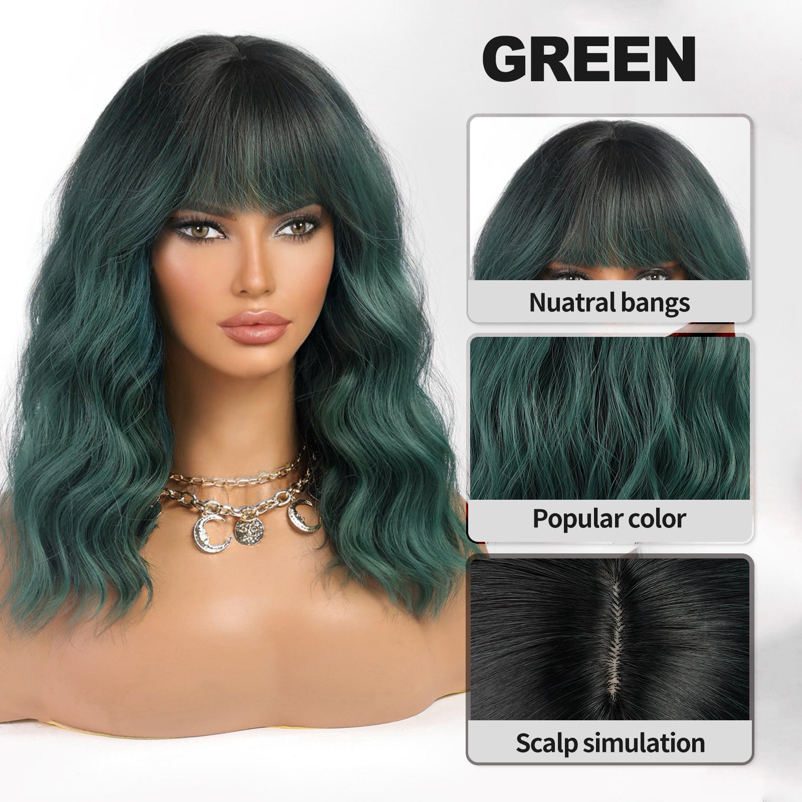 KOME Green Curly Bob Wig with Bangs Short Wavy Ombre Green Wigs for Women Lob Haircut Synthetic Heat Resistant Bob Wigs 14IN