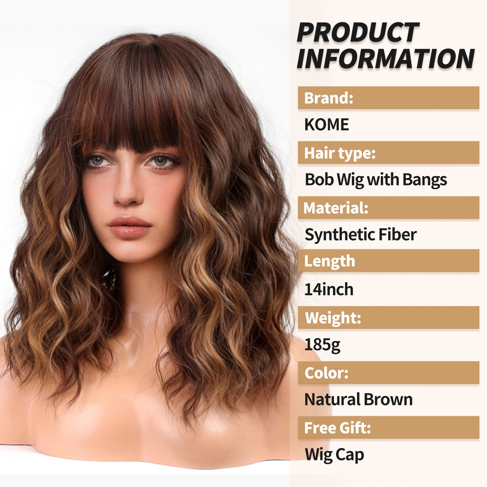 KOME Curly Bob Wig with Bangs Short Wavy Natural Brown Highlight Wigs for Women Bob Style Synthetic Heat Resistant Bob Wigs 14IN