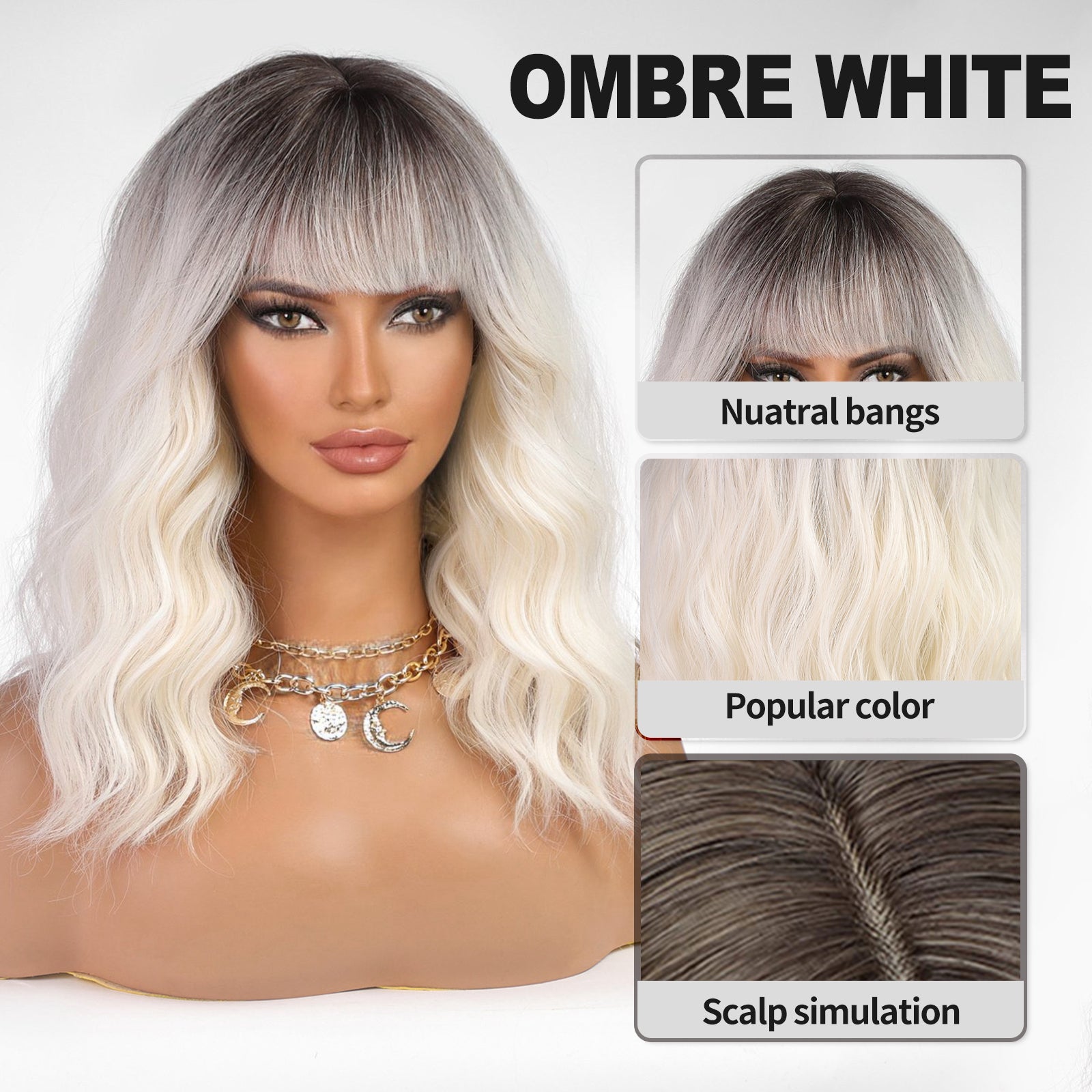 KOME White Curly Bob Wig with Bangs Short Wavy Ombre White Wigs for Women Lob Haircut Synthetic Heat Resistant Bob Wigs 14IN