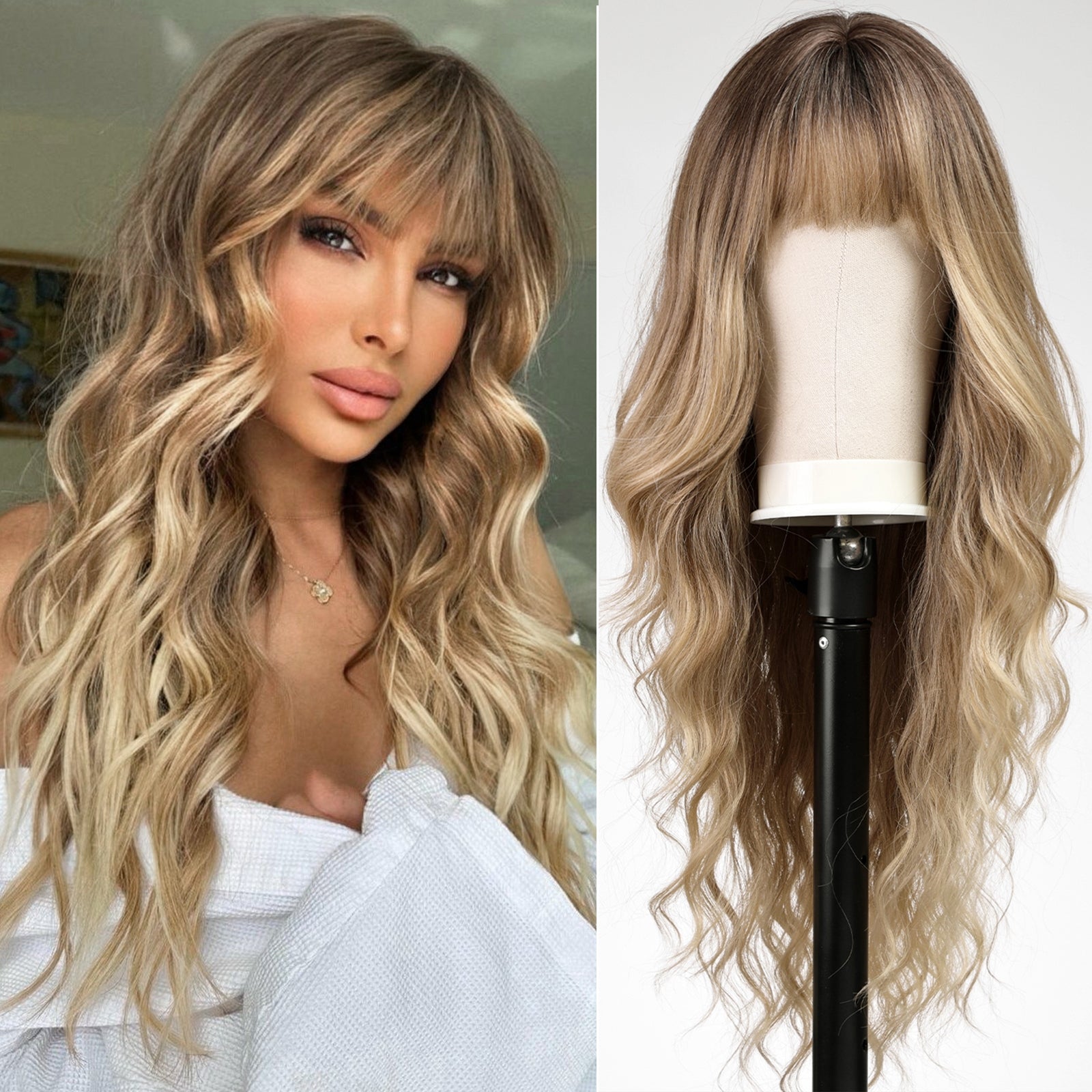 Ombre Blonde Wigs with Bangs,Blonde Highlight Long Wavy Wig for Women,Long Curly Synthetic Hair Wig for Party Cosplay Daily Use 26IN