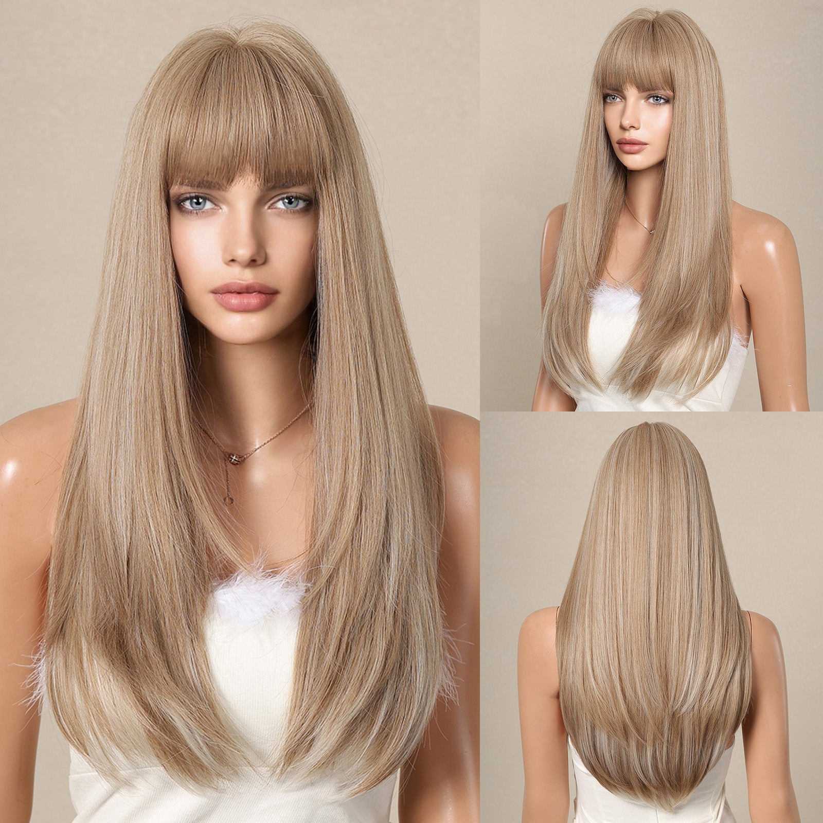 KOME Blonde Long Layered Wig with Bangs,Blonde mixed Straight Hair Wigs for Women,Synthetic Heat Resistant Natural Looking Hair Wig for Party Cosplay Dality Use