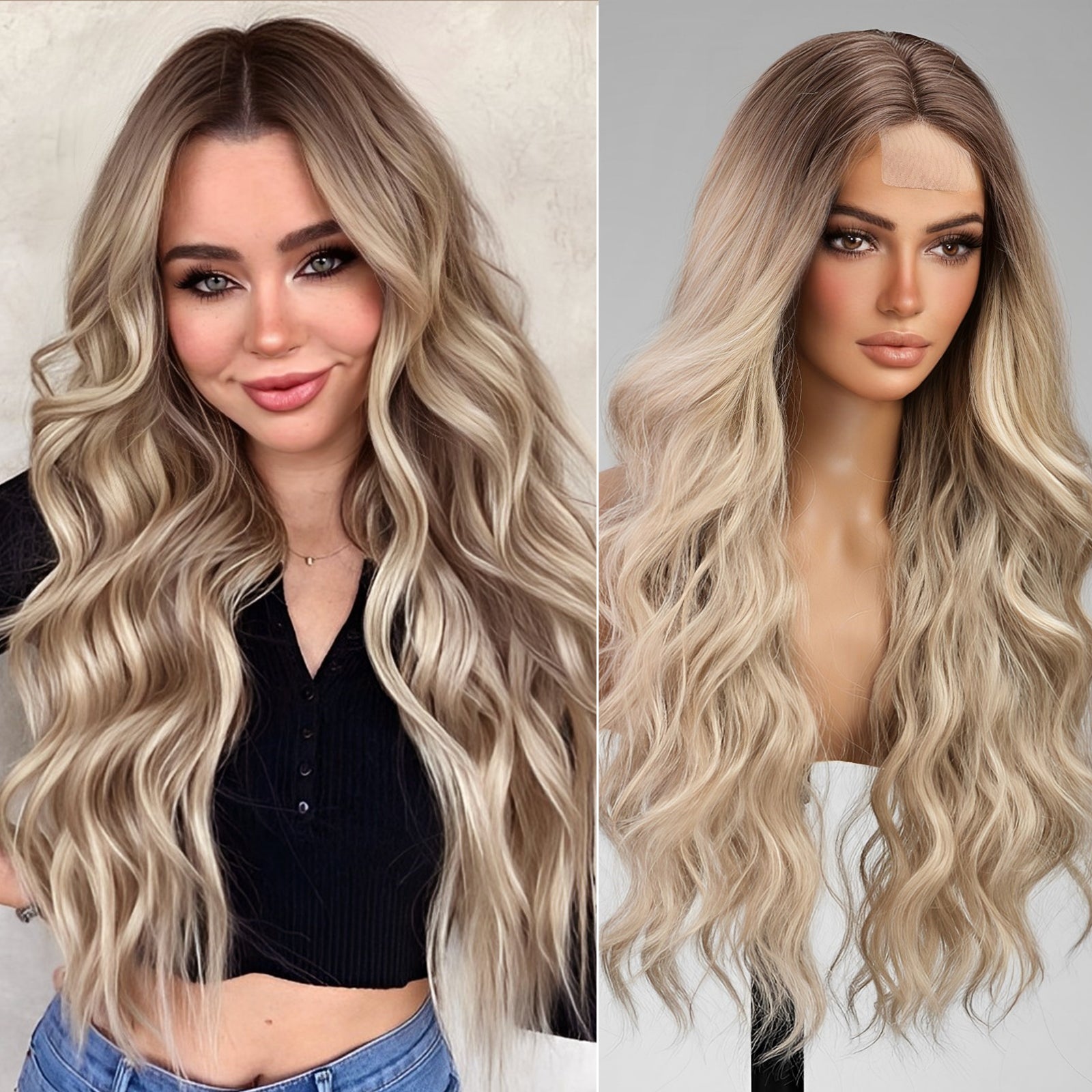 Long Ombre Dirty Blonde Wavy Wig for Women,Lace Front Middle Part Curly Wavy Wig,Natural Looking Synthetic Heat Resistant Fiber Wig for Daily Party Use 26IN