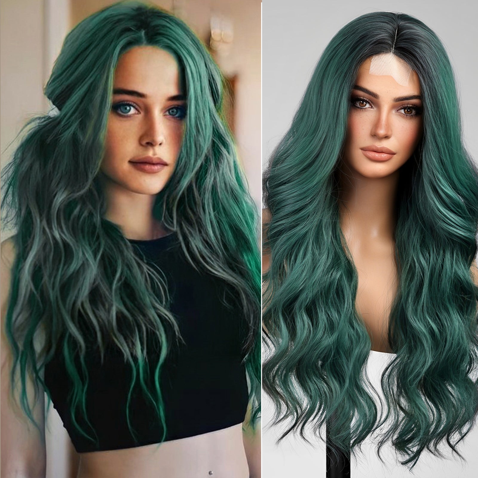 KOME Ombre Green Wig,Long Green Colored Wavy Wig for Women,Lace Front Middle Part Curly Wavy Wig,Natural Looking Synthetic Heat Resistant Fiber Wig for Daily Party Use 26IN