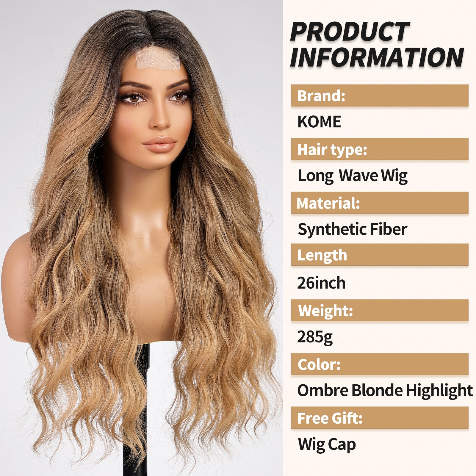 KOME Long Ombre Blonde Highlight Wavy Wig for Women, Blonde mixed Brown Wigs Lace Front Middle Part Curly Wavy Wig,Synthetic Heat Resistant Fiber Wig for Daily Party Use 26IN