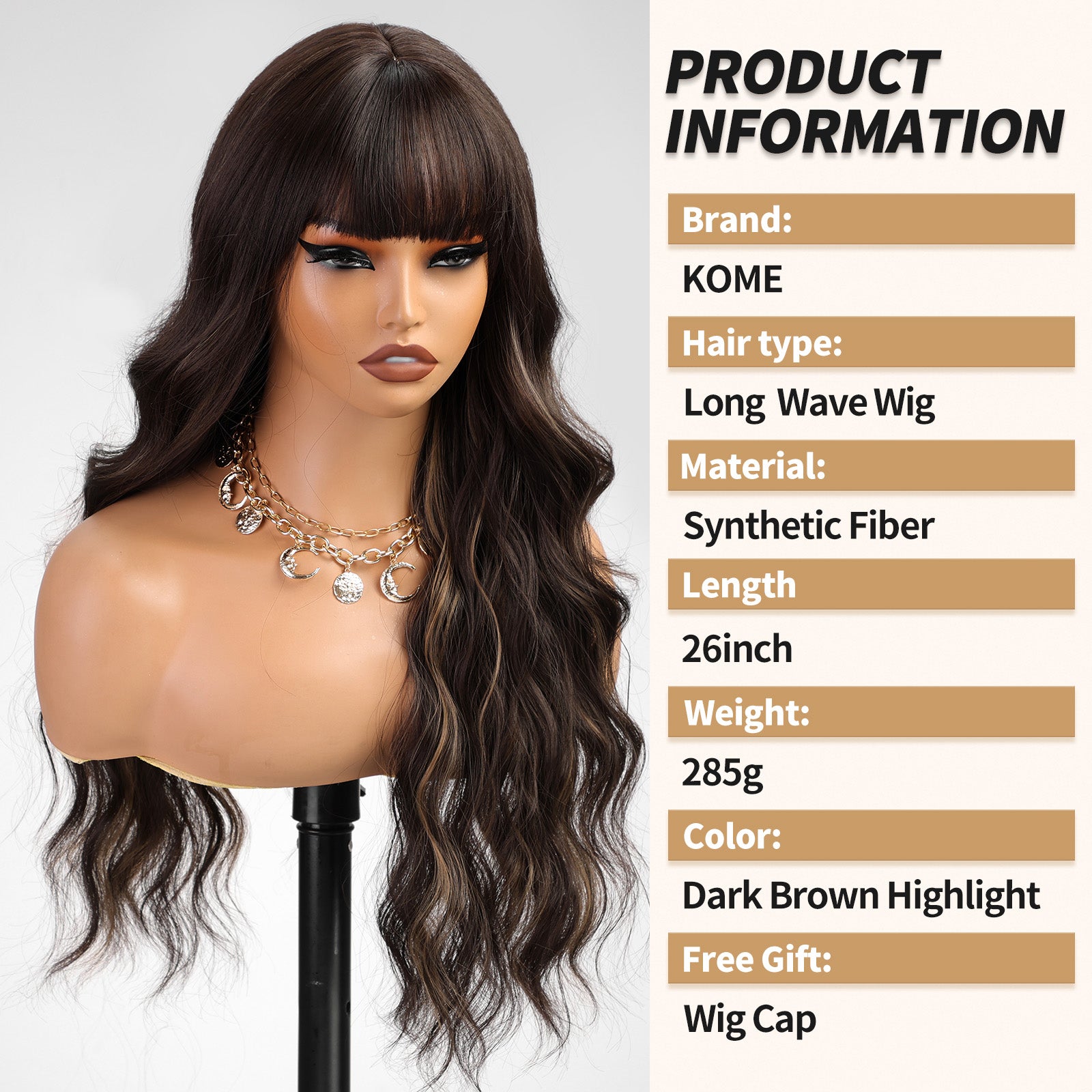 KOME Dark Brown Wigs with Bangs,Brown Highlight Long Curly Wig for Women,Blonde Long Wavy Wig Synthetic Hair Wig for Party Cosplay Daily Use 26IN