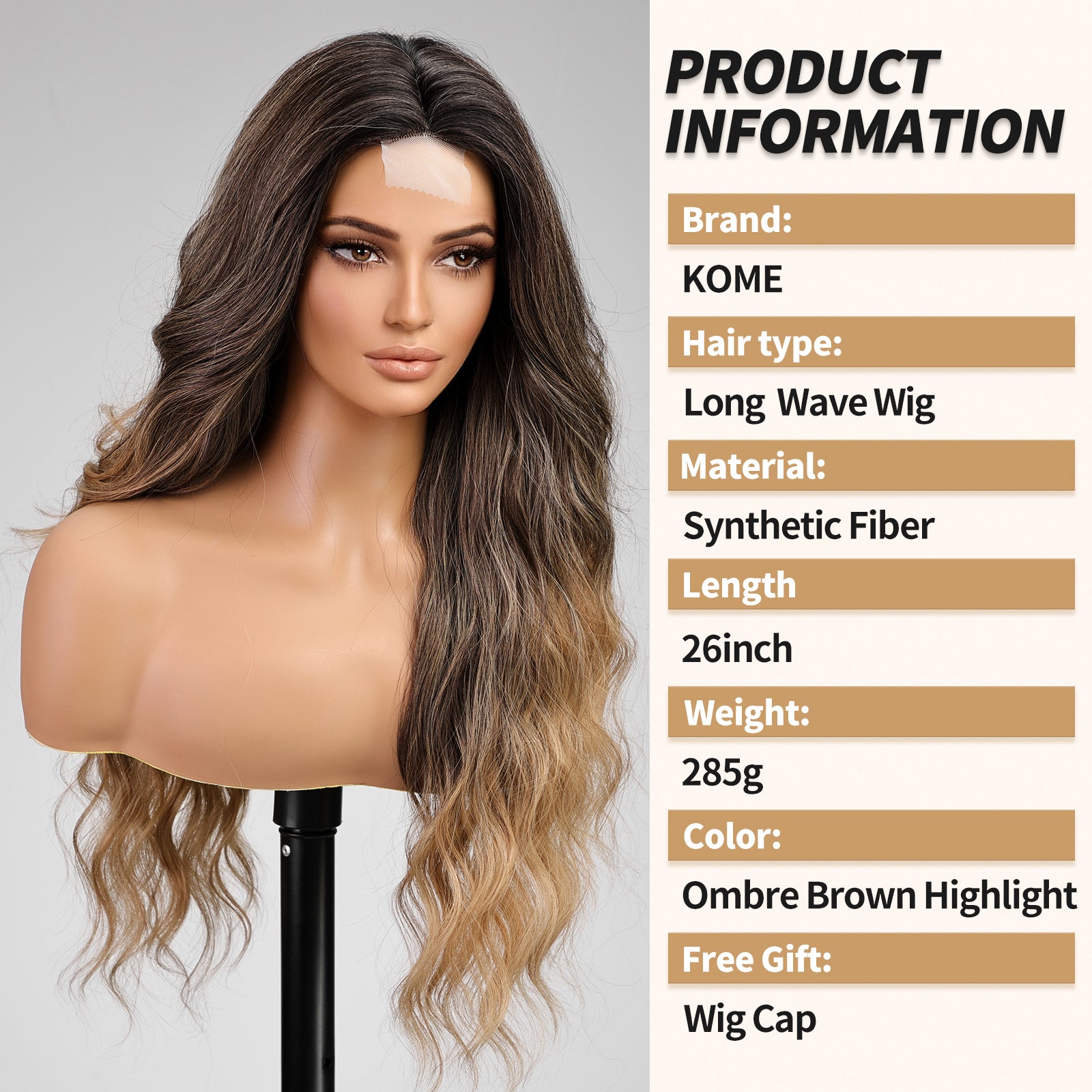 KOME Ombre Brown Highlight Wig for Women,Lace Front Middle Part Curly Wavy Wig,Natural Looking Synthetic Heat Resistant Fiber Wig for Daily Party Use 26IN