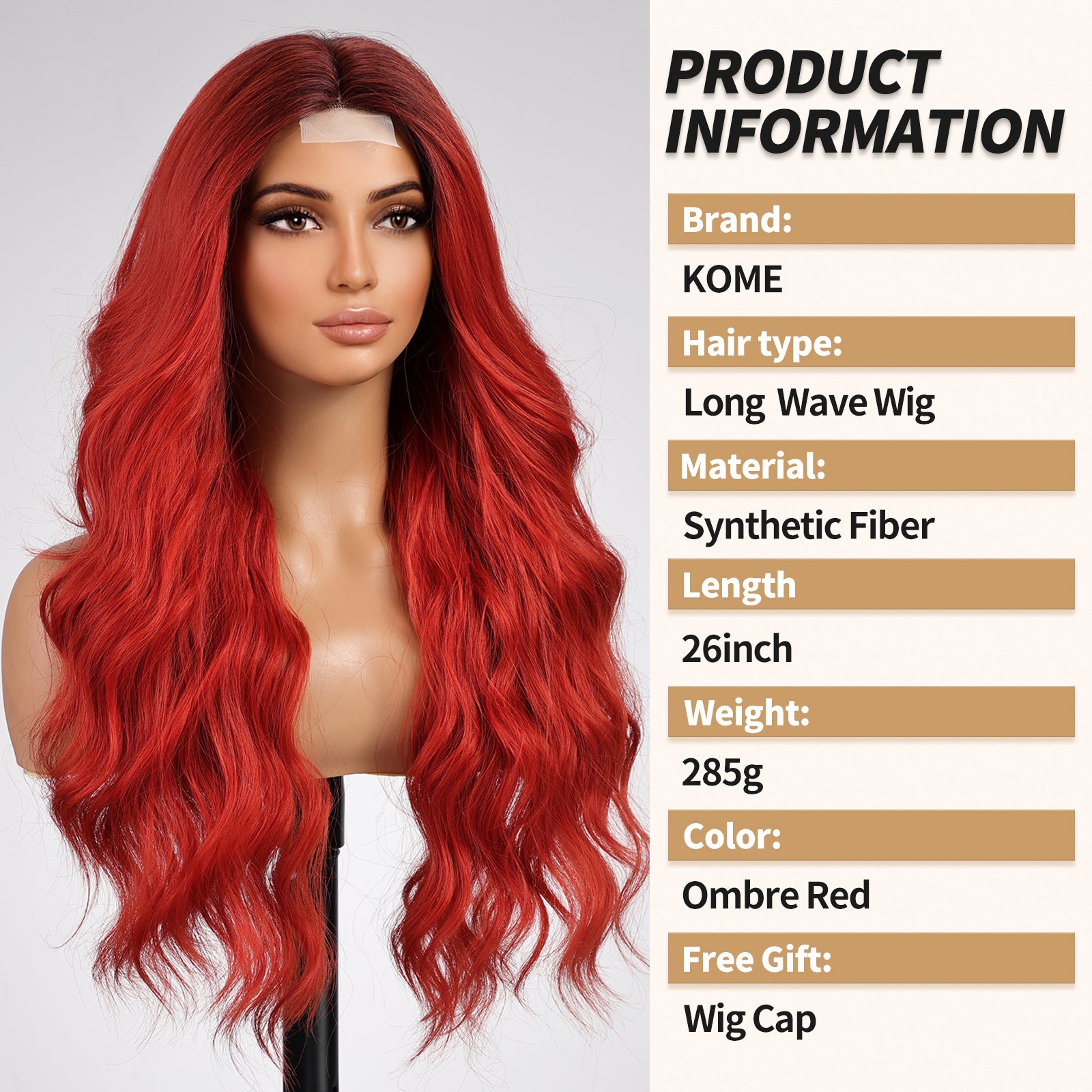 KOME Ombre Red Wig for Women,Red Colored Wigs Lace Front Middle Part Curly Wavy Wig,Synthetic Heat Resistant Fiber Wig for Daily Party Use 26IN