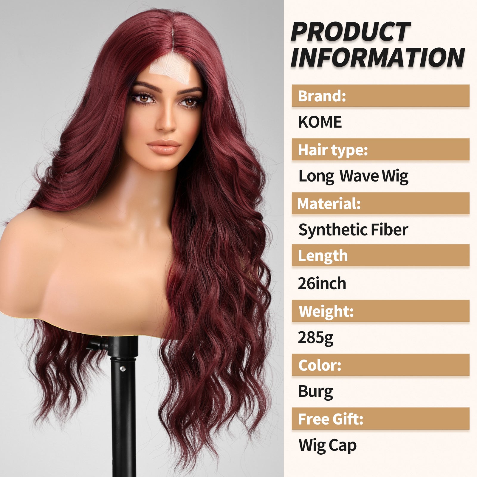 KOME Red Wig,Long Burgundy Wavy Wig for Women,Lace Front Middle Part Curly Wavy Wig,Natural Looking Synthetic Heat Resistant Fiber Wig for Daily Party Use 26IN…