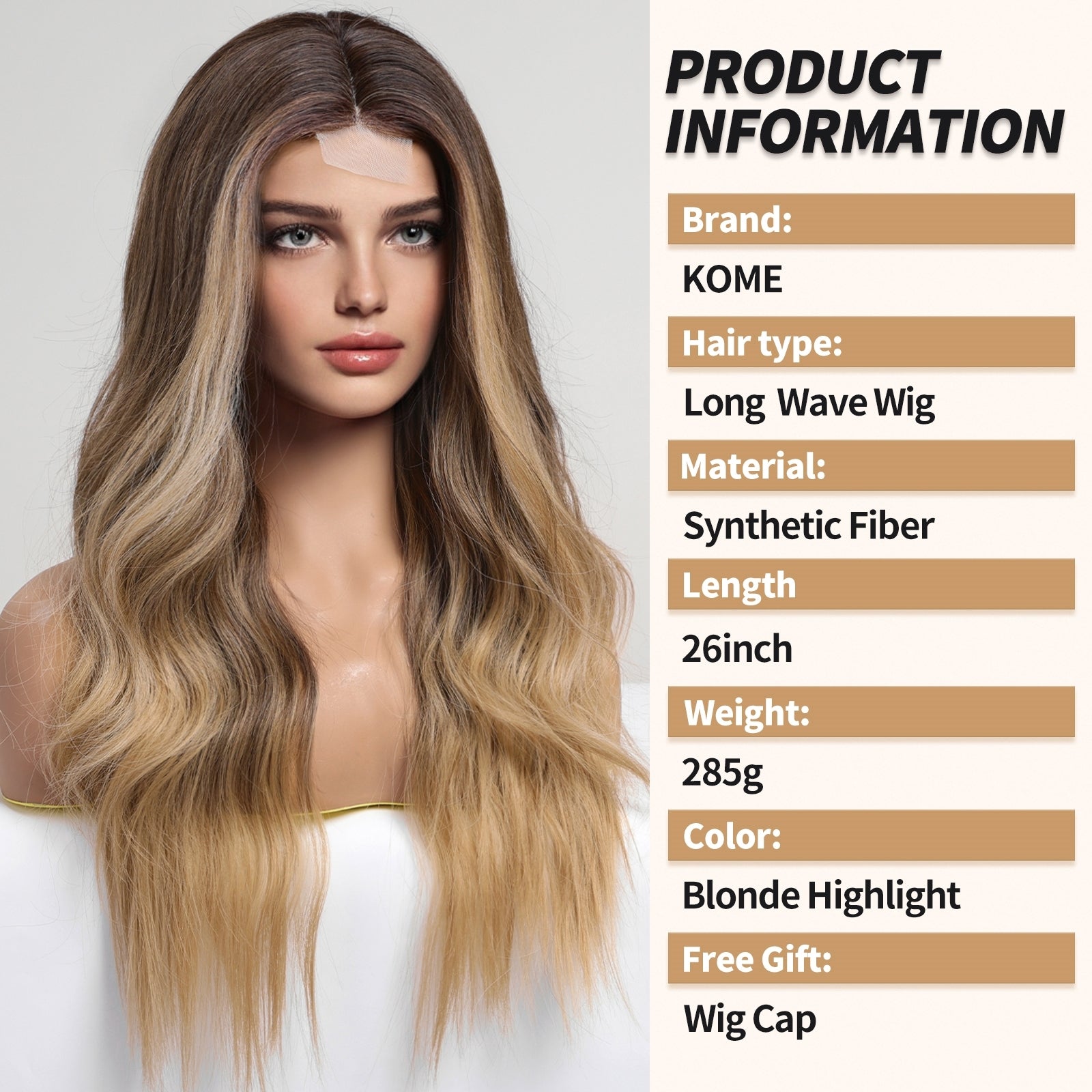 Long Ombre Blonde mixed Brown Highlight Wavy Wig for Women,Lace Front Middle Part Curly Wavy Wig, Natural Looking Synthetic Heat Resistant Fiber Wig for Daily Party Use 26IN