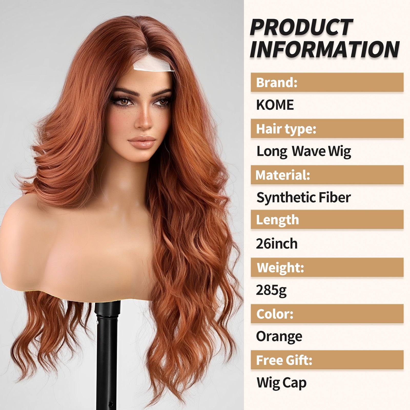 KOME Orange Wig,Long Copper Wavy Wig for Women,Lace Front Middle Part Curly Wavy Wig,Natural Looking Synthetic Heat Resistant Fiber Wig for Daily Party Use 26IN