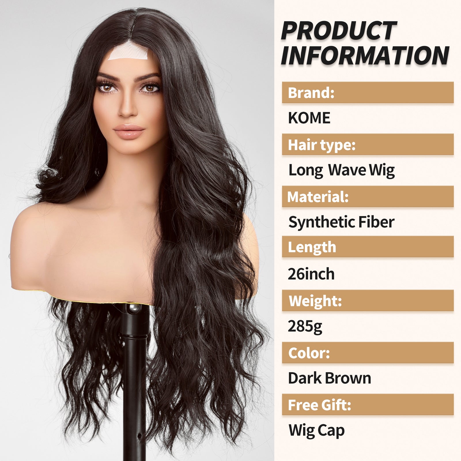 Long Dark Brown Wavy Wig for Women,Lace Front Middle Part Curly Wavy Wig, Natural Looking Synthetic Heat Resistant Fiber Wig for Daily Party Use 26IN