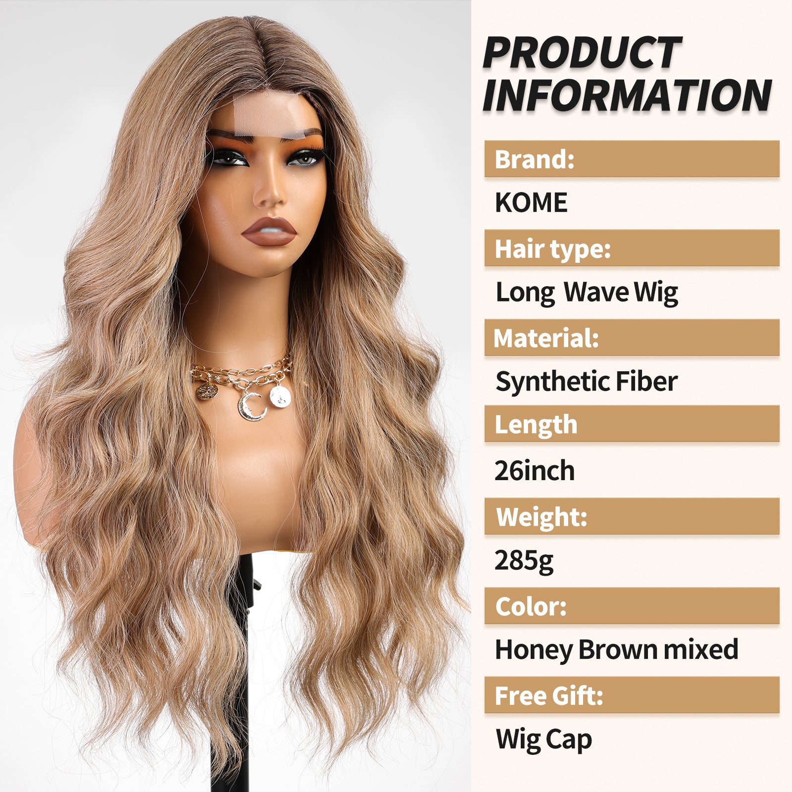 KOME Ash Brown Wig for Women,Honey Brown Highlight Wigs Lace Front Middle Part Curly Wavy Wig,Synthetic Heat Resistant Fiber Wig for Daily Party Use 26IN