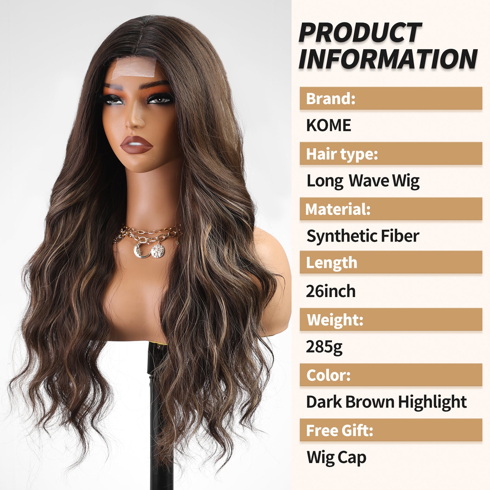 KOME Dark Brown Wig for Women,Brown Highlight Wigs Lace Front Middle Part Curly Wavy Wig,Synthetic Heat Resistant Fiber Wig for Daily Party Use 26IN