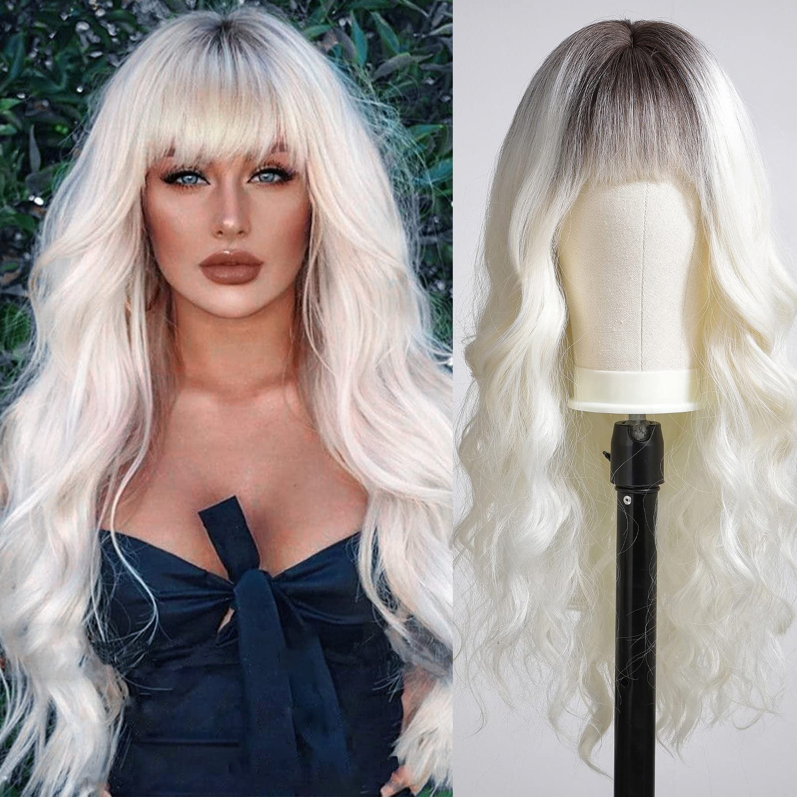 Ombre Platinum Blonde Wigs with Bangs,White Long Wavy Wig for Women,Long Curly Wigs Synthetic Hair Dark Roots Wig for Party Cosplay Daily Use 26IN