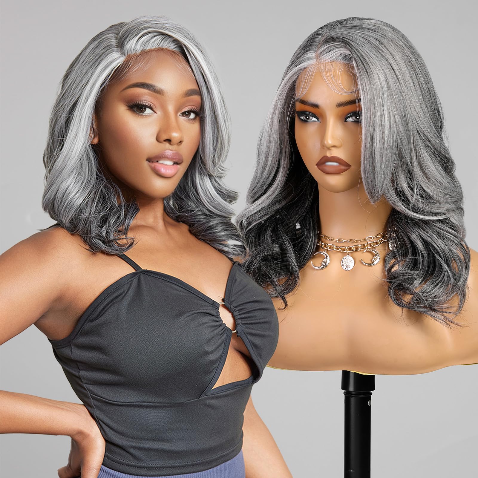 KOME Grey Synthetic Lace Front Wig,13X5X1 Body Wave Pre Plucked Grey Short Bob Wigs,Glueless Wigs for Women,Shoulder Length Daily Use Hair Wig 18IN