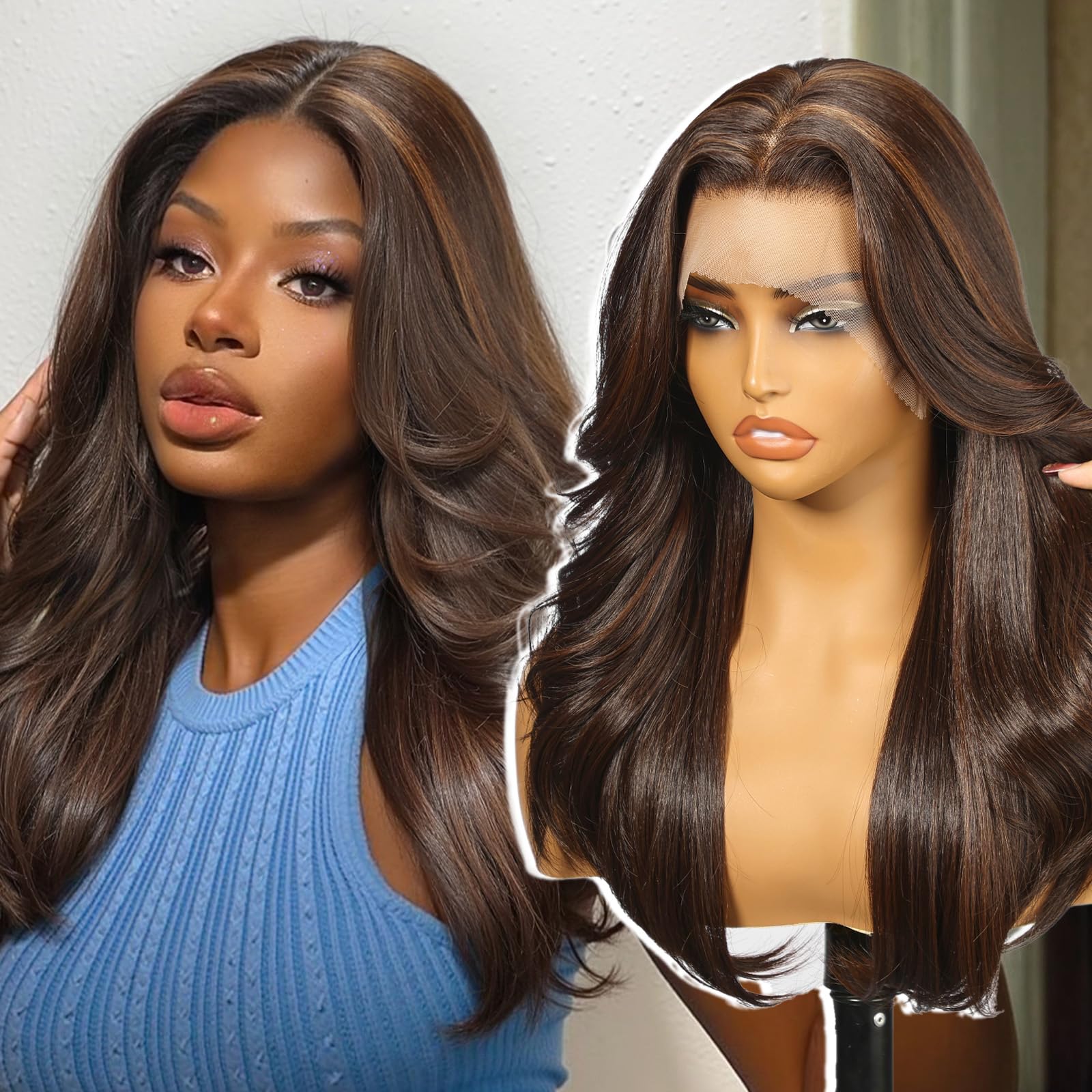 KOME Brown Highlight Synthetic Lace Front Wig,13X6 HD Lace Wigs,Straight Curly Glueless Transparent Lace Frontal Wigs Pre Plucked Wig for Women Daily Use Hair Wig 20IN（4/30）