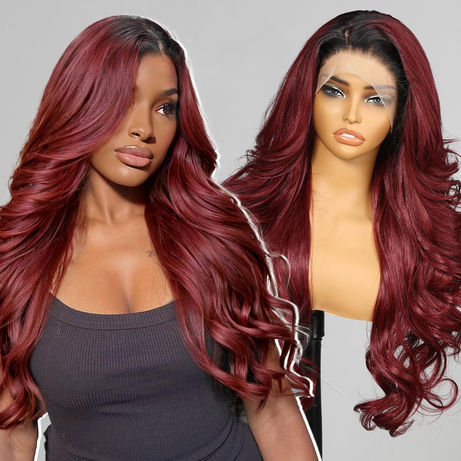 KOME Burgundy Synthetic Lace Front Wig,99j 13×6 Body Wave Pre Plucked HD Lace Glueless Wig for Women,Natural Daily Use Hair Wig 26IN