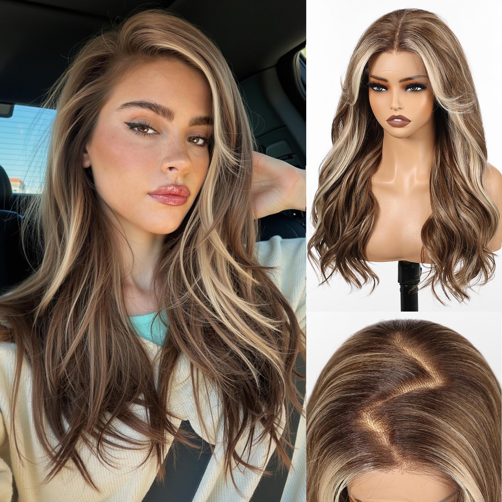 KOME Brown Highlight Synthetic Lace Front Wig,13×6 Curly Ginger Glueless Wigs for Women Daily Use 22IN（#TT6/116）