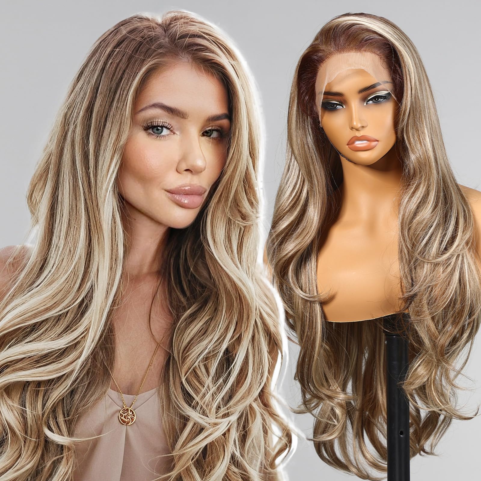 KOME Ash Brown Highlight Synthetic Lace Front Wig,13×6 Body Wave Pre Plucked HD Lace Glueless Wig for Women,Daily Use Hair Wig 28IN