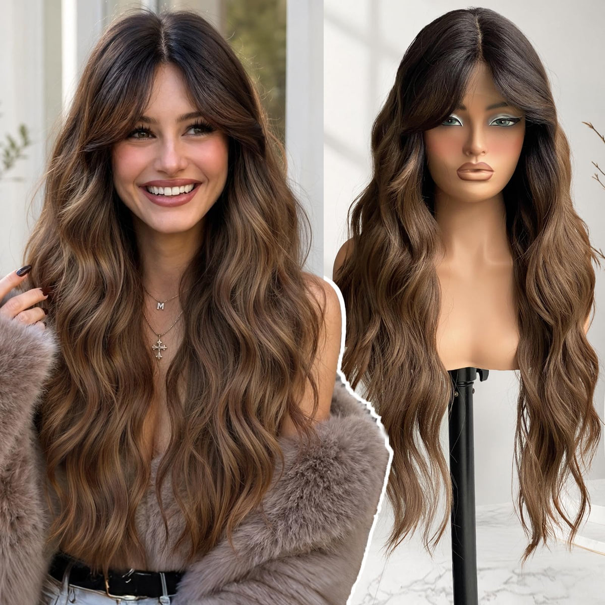 KOME Brown Highlight Synthetic Lace Front Wig,T Part Glueless Long Body Wavy Wigs With Bangs for Women Cosplay Daily Use 28IN(#TT30/2761)