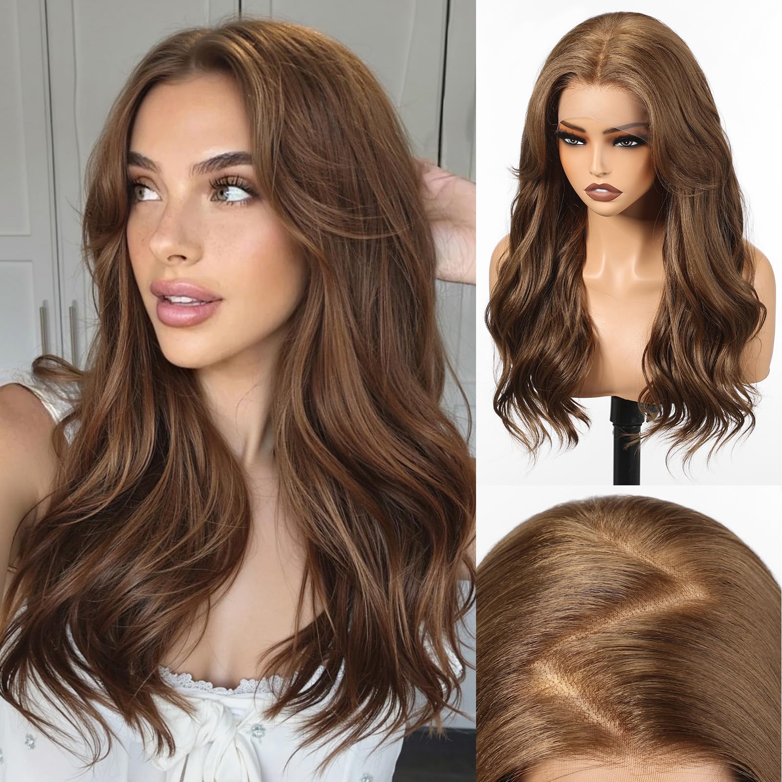 KOME Brown Synthetic Lace Front Wig,13×6 Curly Ginger Glueless Wigs for Women Daily Use 22IN（#912）