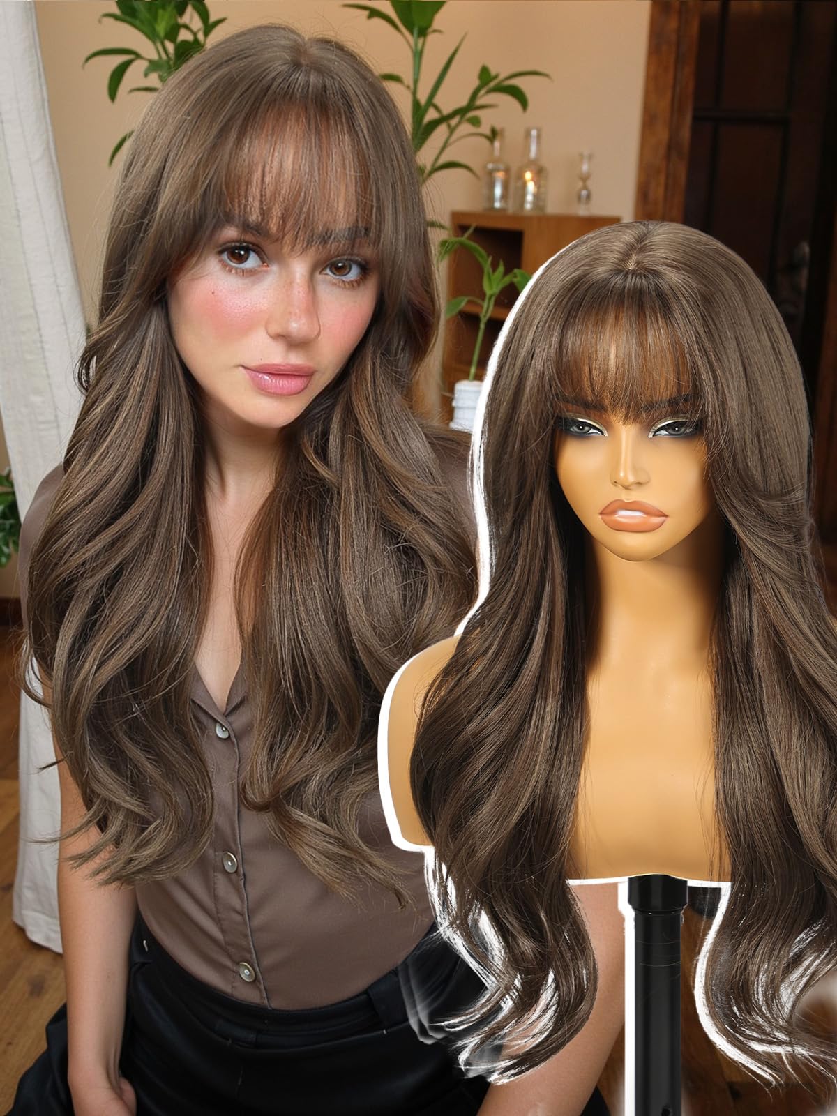 Natural Brown Wigs with Bangs, Brown Long Wavy Synthetic Hair Wig for Women, 24IN