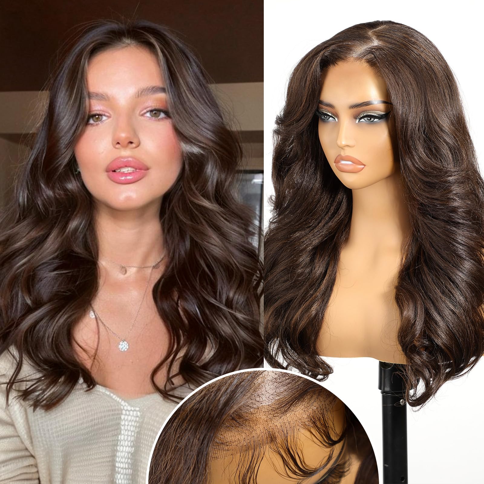 KOME Natural Brown Synthetic Lace Front Wig,5×5 Body Wave Pre Plucked Wigs,HD Glueless Lace Front Wigs for Women,Shoulder Length Daily Use Hair Wig 22IN