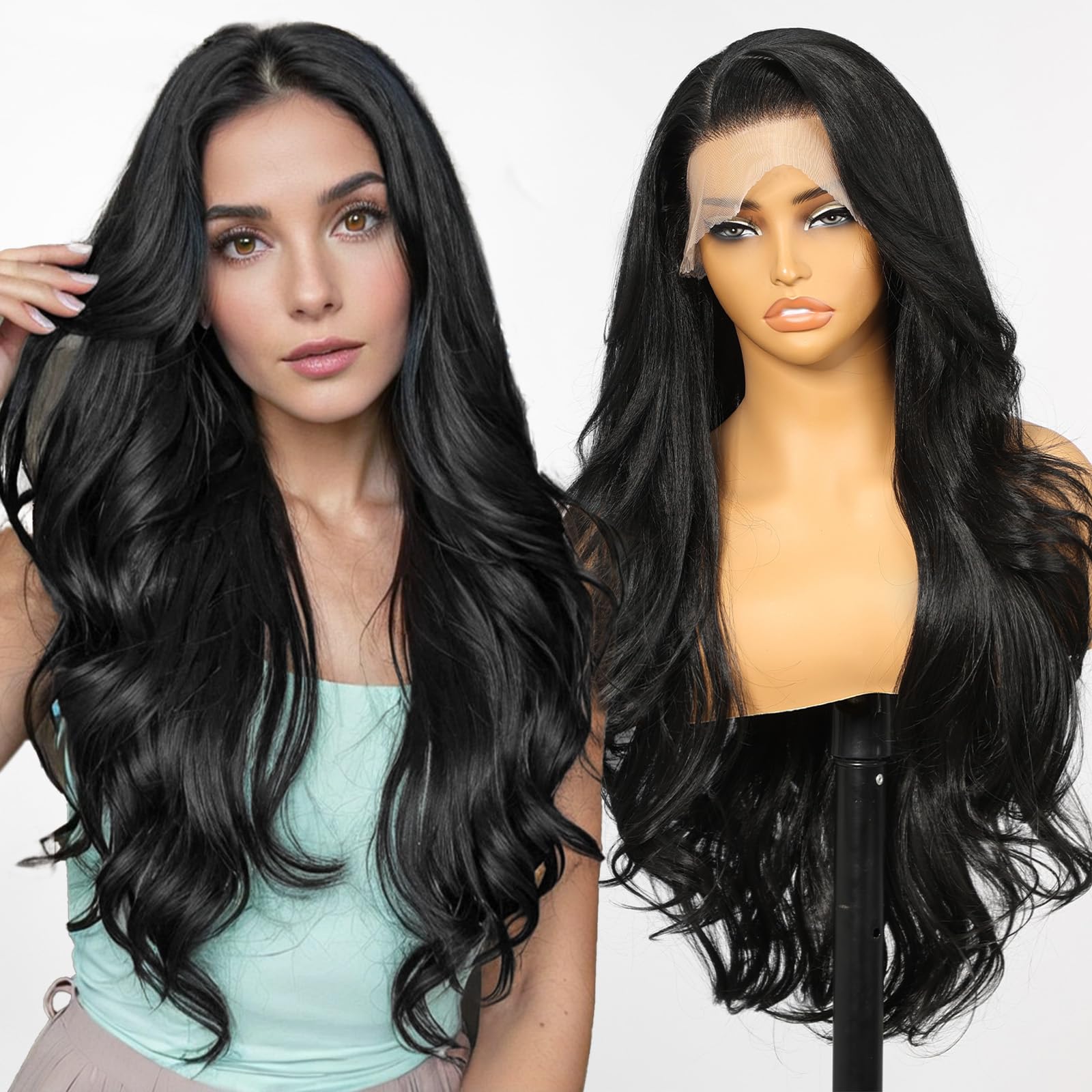 KOME Black Synthetic Lace Front Wig,13×6 Body Wave Pre Plucked HD Glueless Wig for Women,Natural Daily Use Hair Wig 28IN