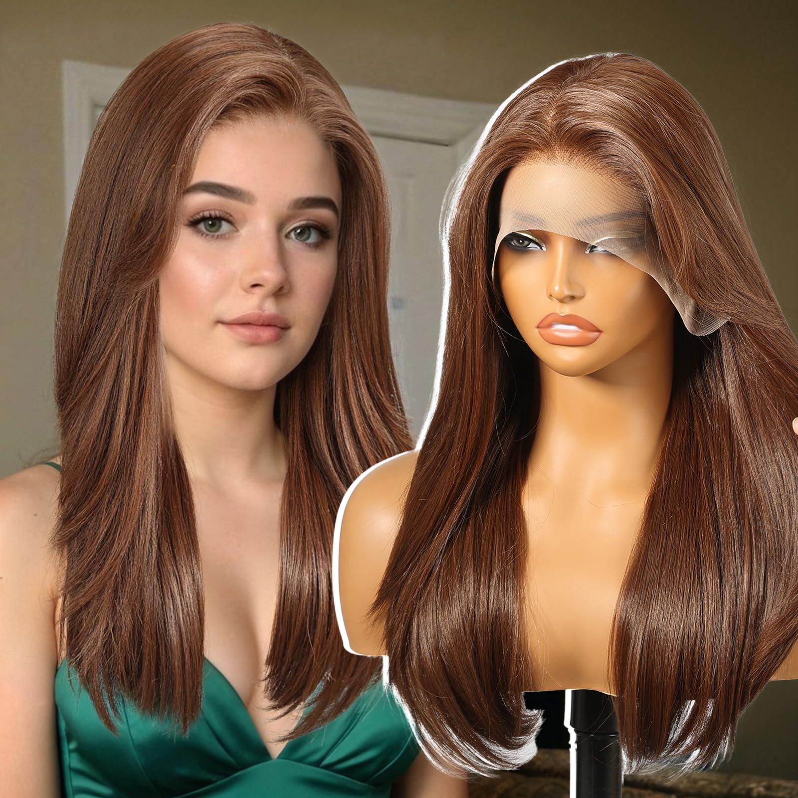 KOME Brown Synthetic Lace Front Wig,13X6 Long Straight Layered Glueless Wigs for Women Daily Use 22IN
