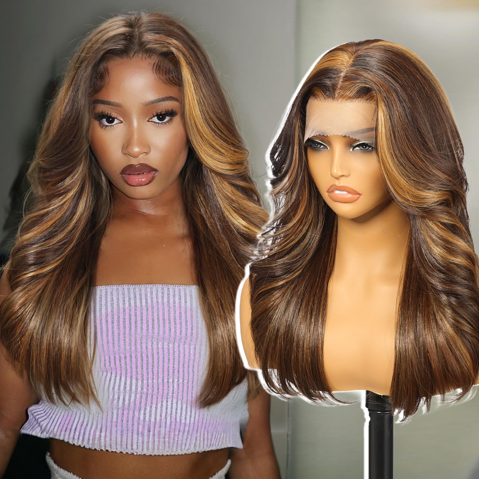 KOME Brown Highlight Synthetic Lace Front Wig,13X6 HD Lace Wigs,Straight Curly Glueless Transparent Lace Frontal Wigs Pre Plucked Wig for Women Daily Use Hair Wig 20IN（F4/27/30）