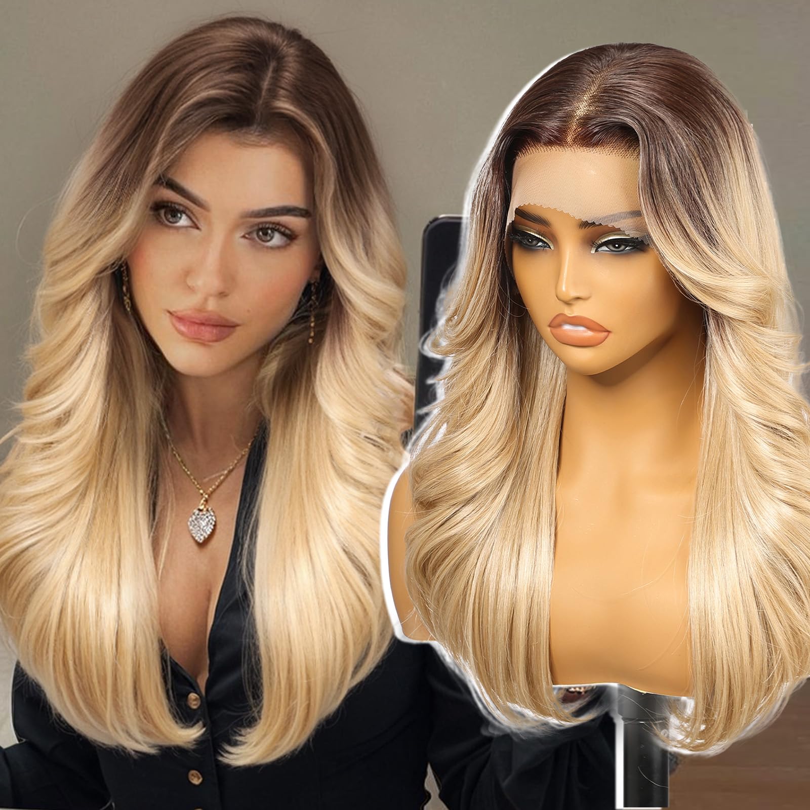 KOME Ombre Blonde Synthetic Lace Front Wig,13X6 HD Lace Wigs,Straight Curly Glueless Transparent Lace Frontal Wigs Pre Plucked Wig for Women Daily Use Hair Wig 20IN