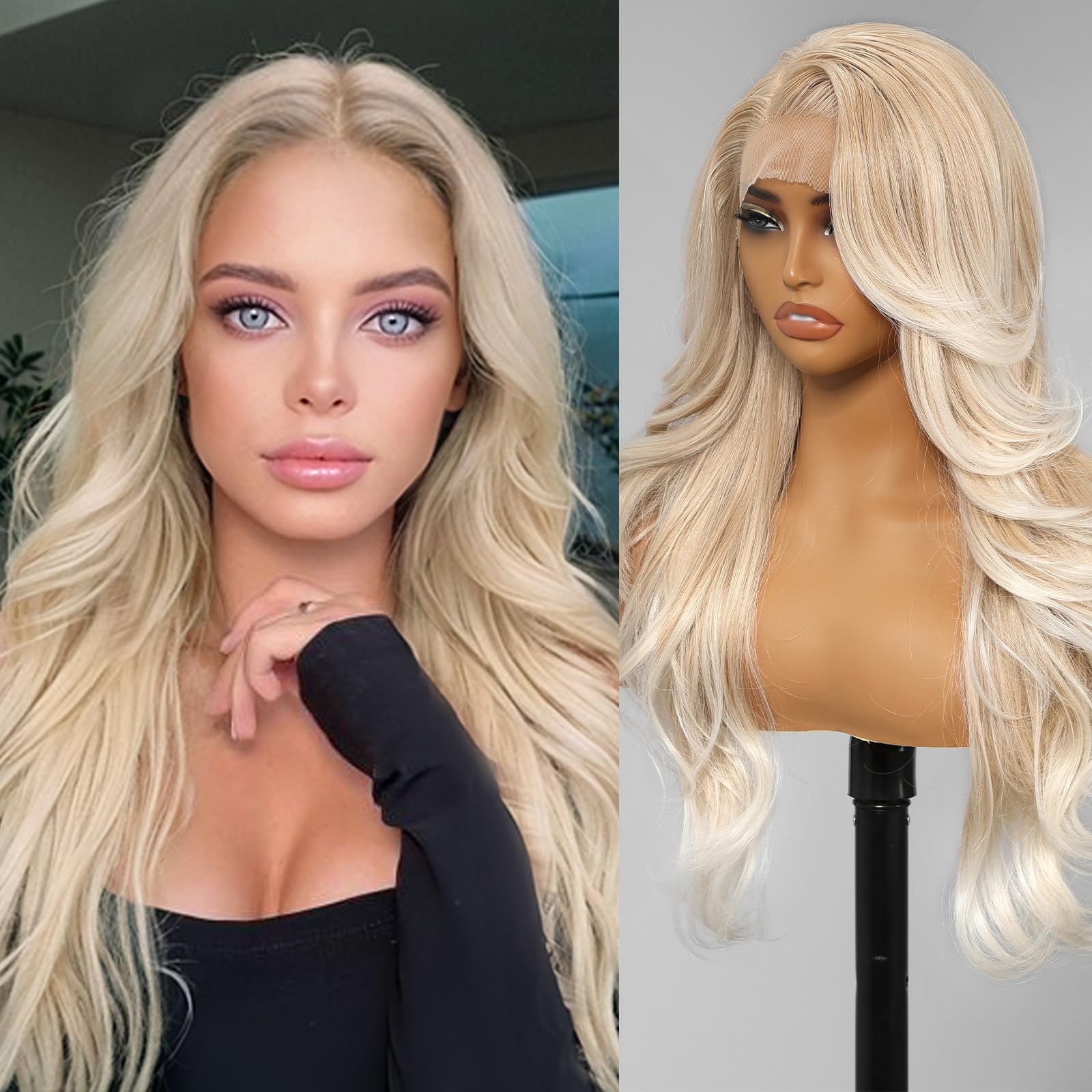 KOME Blonde Synthetic Lace Front Wig,13x4 Glueless Wigs Body Wave Wig,Put On Go Shaggy Wolf Haircuts Wigs for Women,Pre-Plucked Hairline Wigs for Party Dality Use 26IN