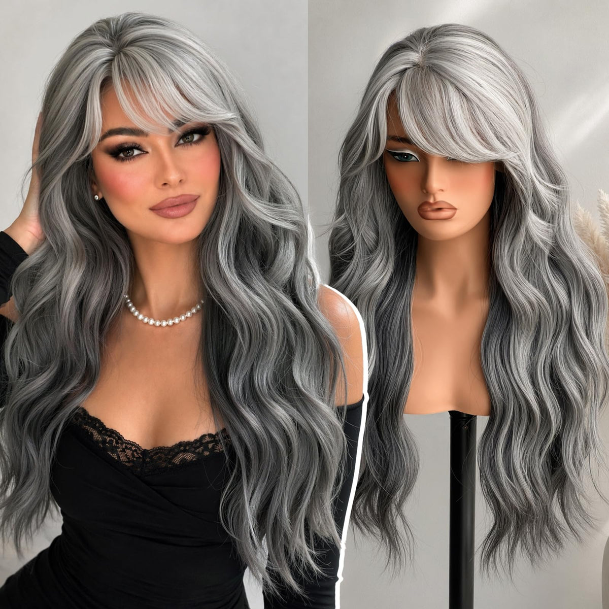 KOME Grey Synthetic Lace Front Wig,T Part Glueless Long Body Wavy Wigs With Bangs for Women Cosplay Daily Use 28IN(#2/606HL)