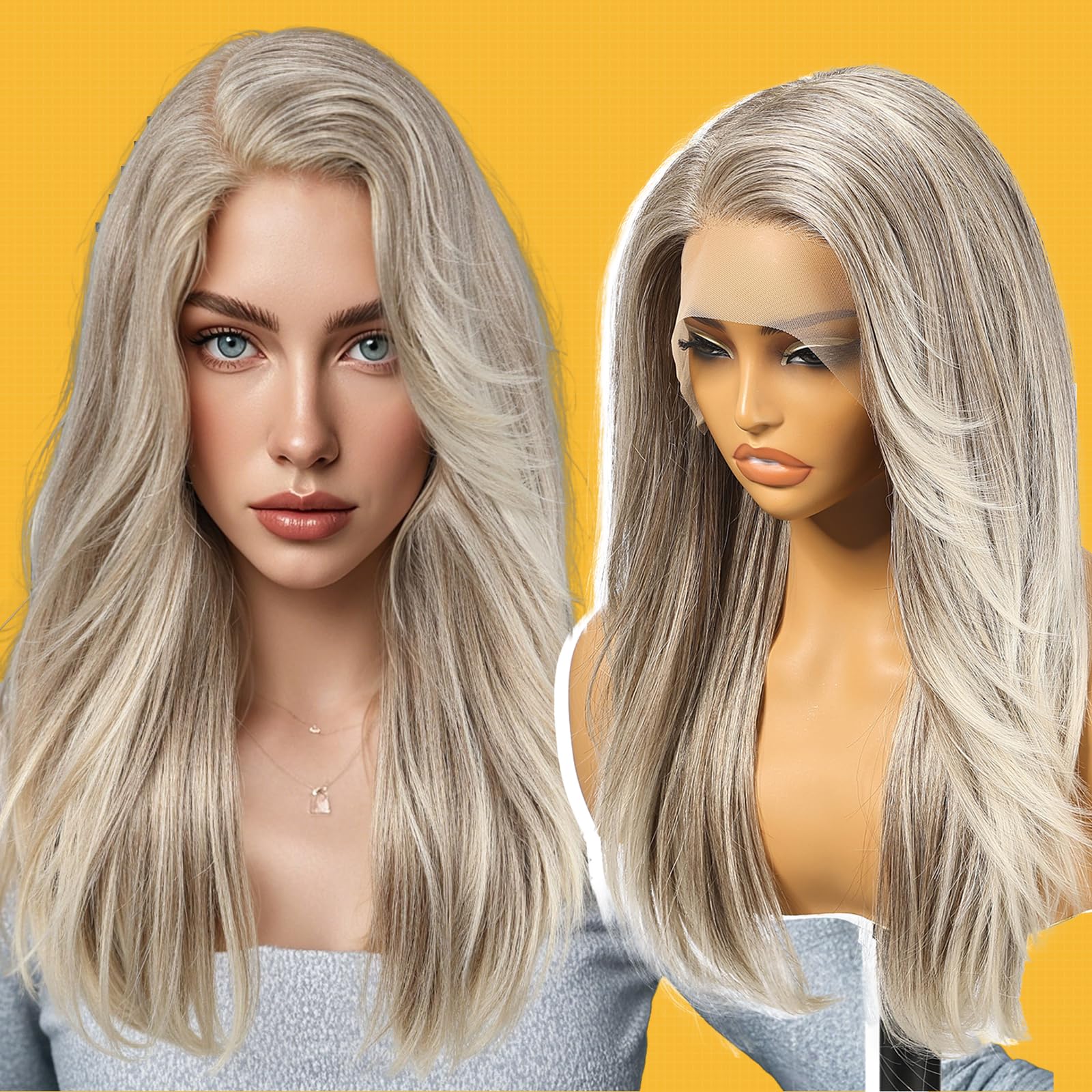KOME Grey Synthetic Lace Front Wig,13X6 Long Straight Layered Glueless Wigs for Women Daily Use 22IN
