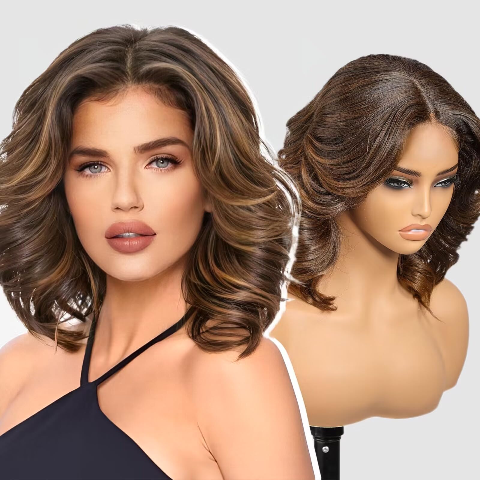 KOME Natural Brown Lace Front Wig,Short Bob Wigs Body Wave Pre Plucked Ready to Wear,HD Glueless 13X5X1 Synthetic Lace Front Wigs for Women,Daily Use Hair Wig 12IN