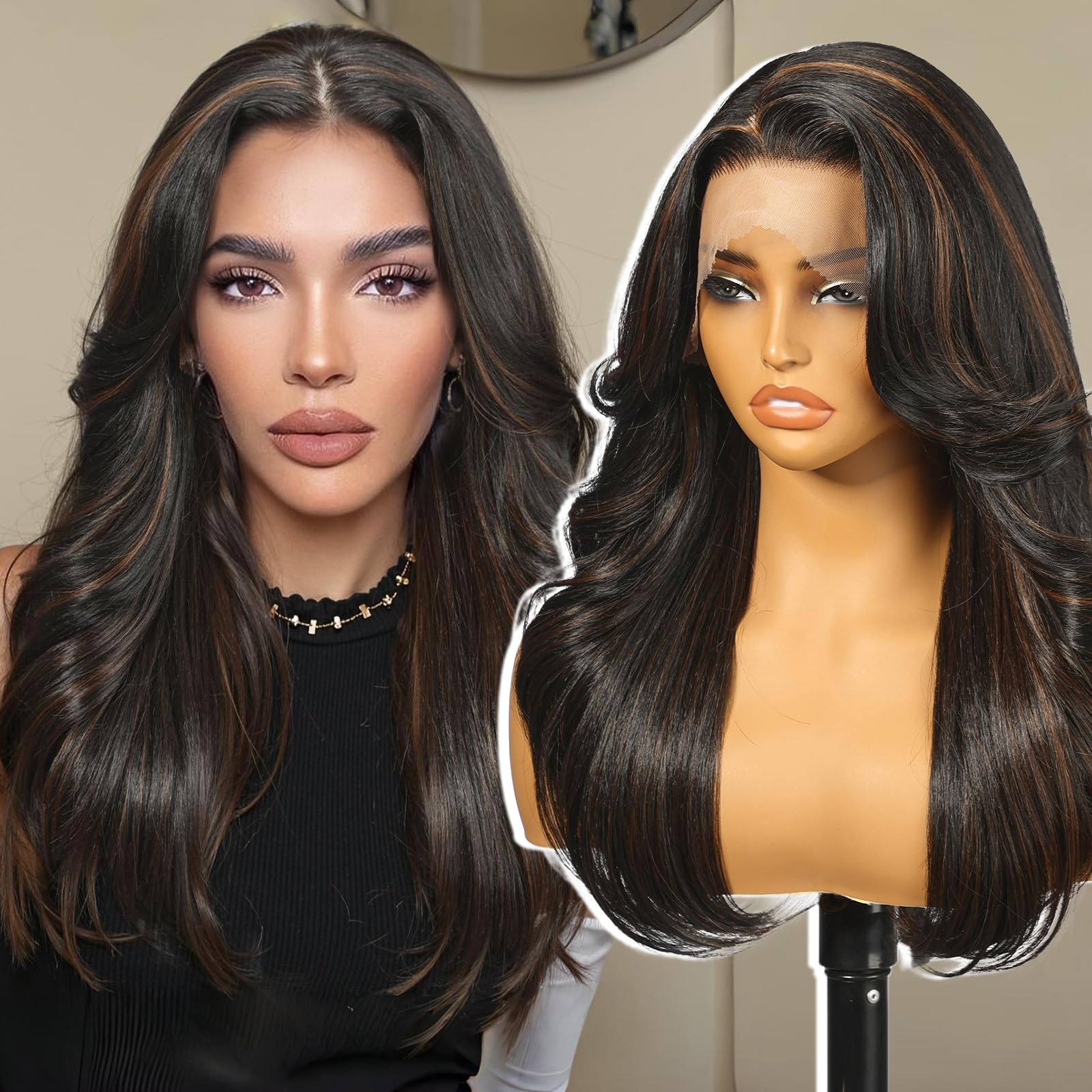 KOME Black Brown Highlight Synthetic Lace Front Wig,13X6 HD Lace Wigs,Straight Curly Glueless Transparent Lace Frontal Wigs Pre Plucked Wig for Women Daily Use Hair Wig 20IN（1B/30）