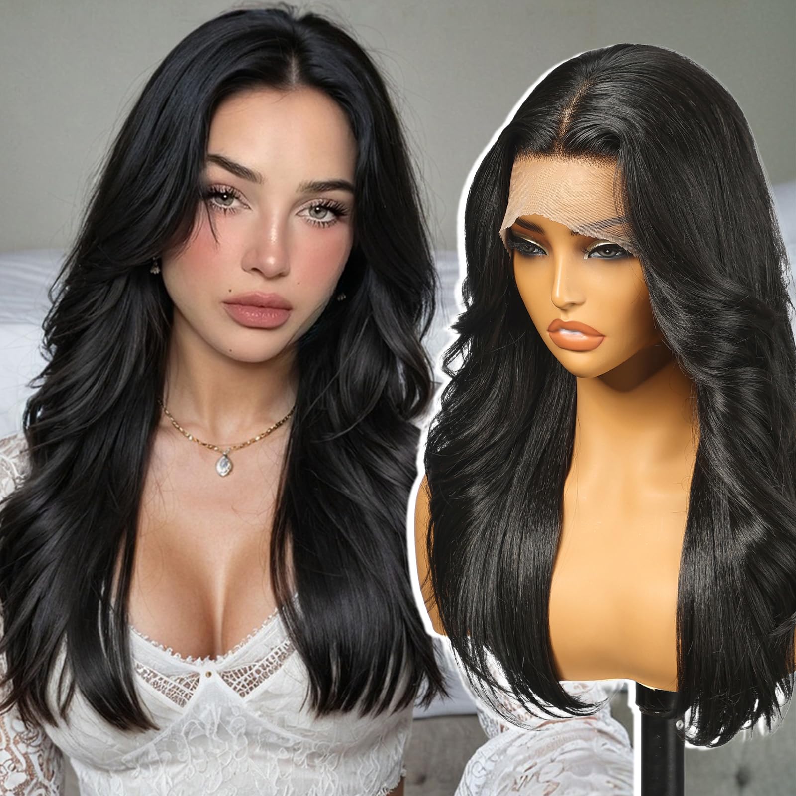 KOME Black Synthetic Lace Front Wig,13X6 HD Lace Wigs,Straight Curly Glueless Transparent Lace Frontal Wigs Pre Plucked Wig for Women Daily Use Hair Wig 20IN（1B）