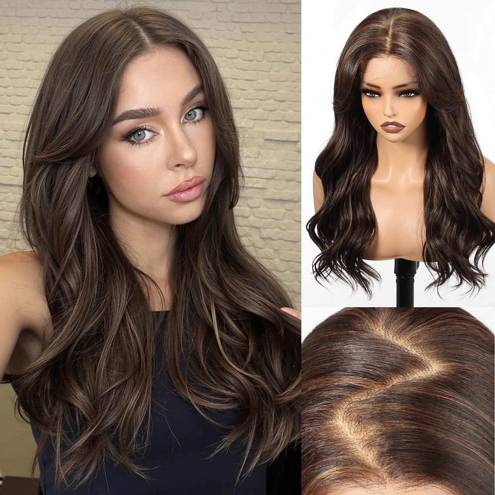 KOME Dark Brown Synthetic Lace Front Wig,13×6 Curly Ginger Glueless Wigs for Women Daily Use 22IN（#FS4/30）