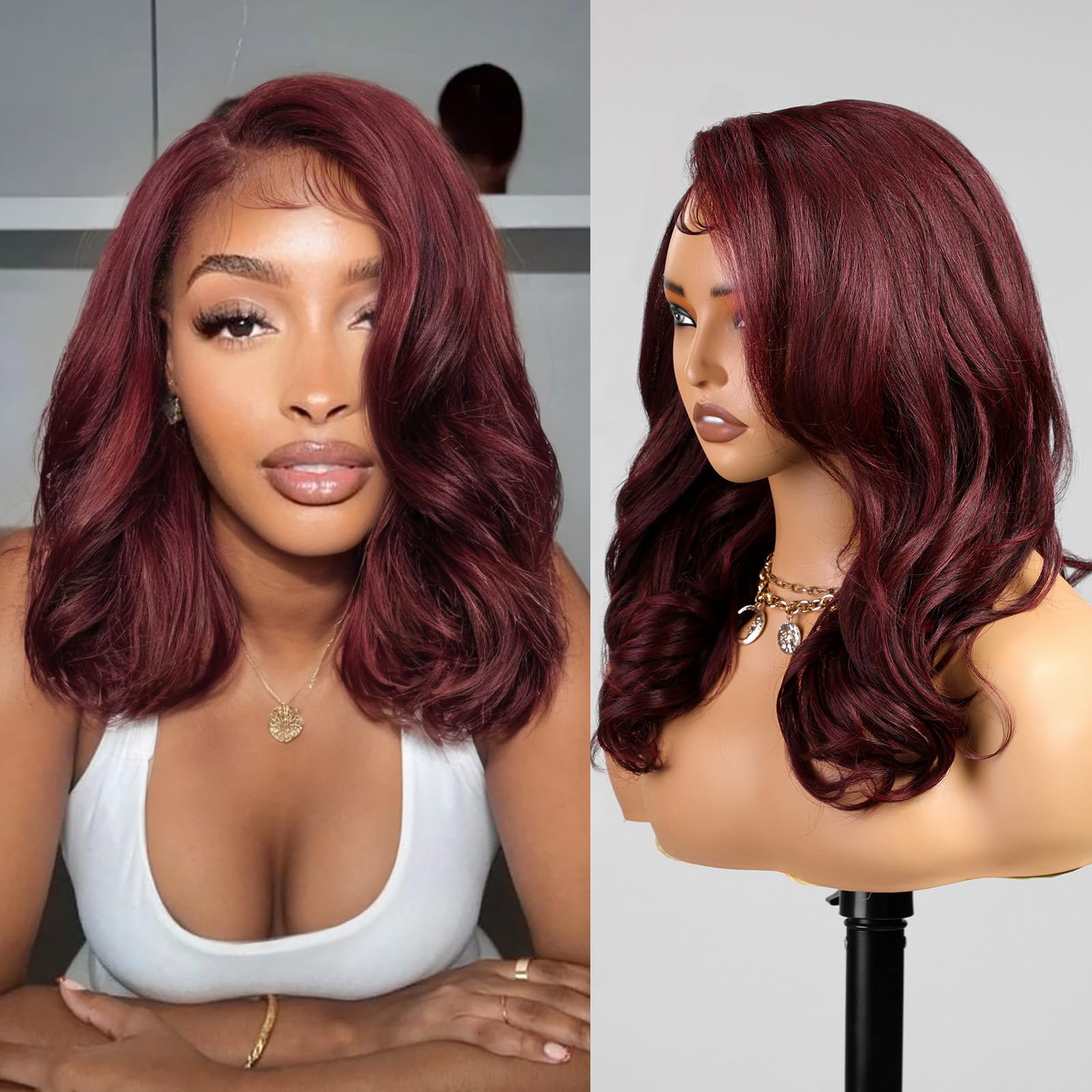 KOME Burgundy Synthetic Lace Front Wig,13X5X1 Body Wave Pre Plucked Short Bob Wigs,Glueless Lace Front Wigs for Women,Shoulder Length Daily Use Hair Wig 18IN