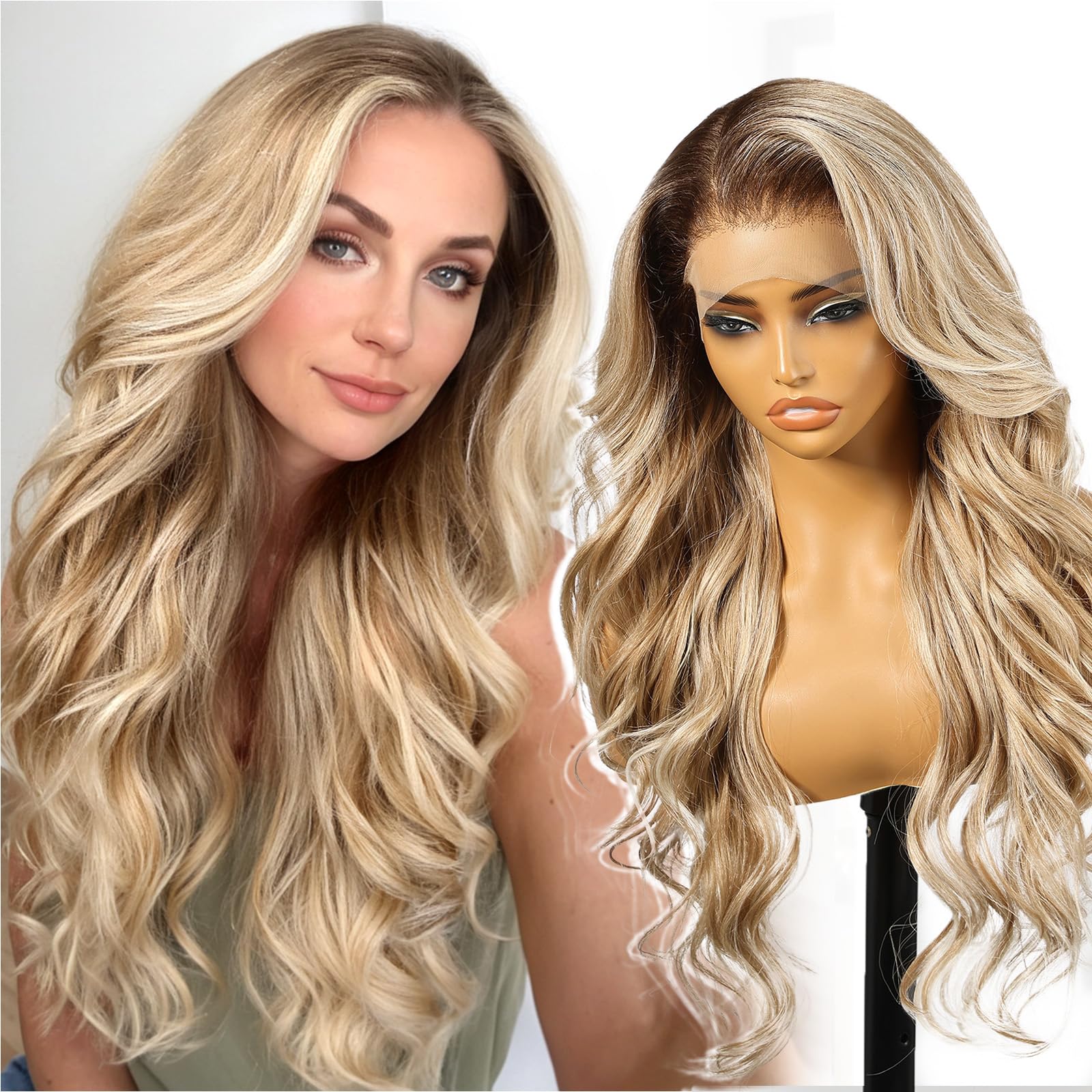 KOME Dirty Blonde Synthetic Lace Front Wig,13×6 Curly Glueless Wigs for Women Daily Use 26IN