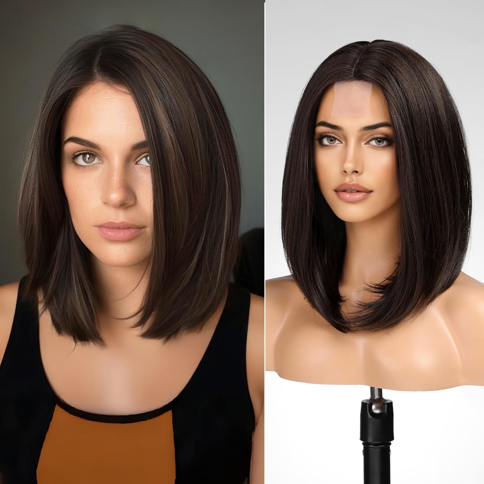 KOME FTL007-2 Brown Short Bob Wigs,Brown mixed Straight Shoulder Length Wigs for Women,Middle Part Heat Resistant Fibre Synthetic Wig Daily Use