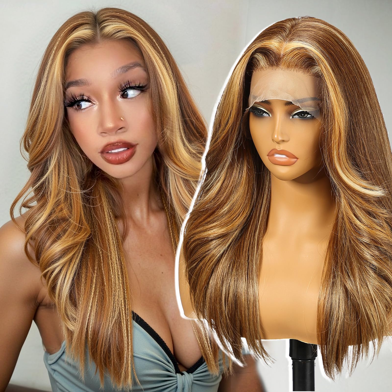 KOME Honey Blonde Synthetic Lace Front Wig,13X6 HD Lace Wigs,Straight Curly Glueless Transparent Lace Frontal Wigs Sunkissed Highlights Pre Plucked Wig for Women Daily Use Hair Wig 20IN（F47/24/63）