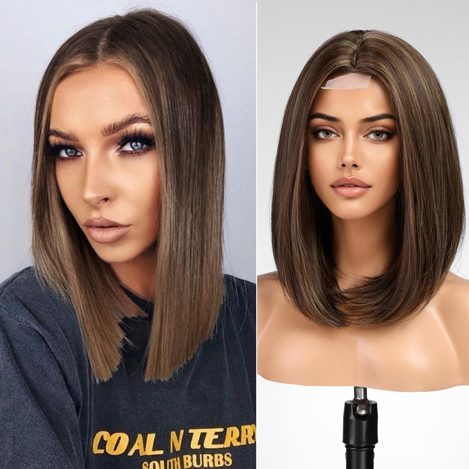 KOME FTL007-4 Natural Brown Highlight Short Bob Wigs,Brown Straight Shoulder Length Wigs for Women,Middle Part Heat Resistant Fibre Synthetic Wig Daily Use